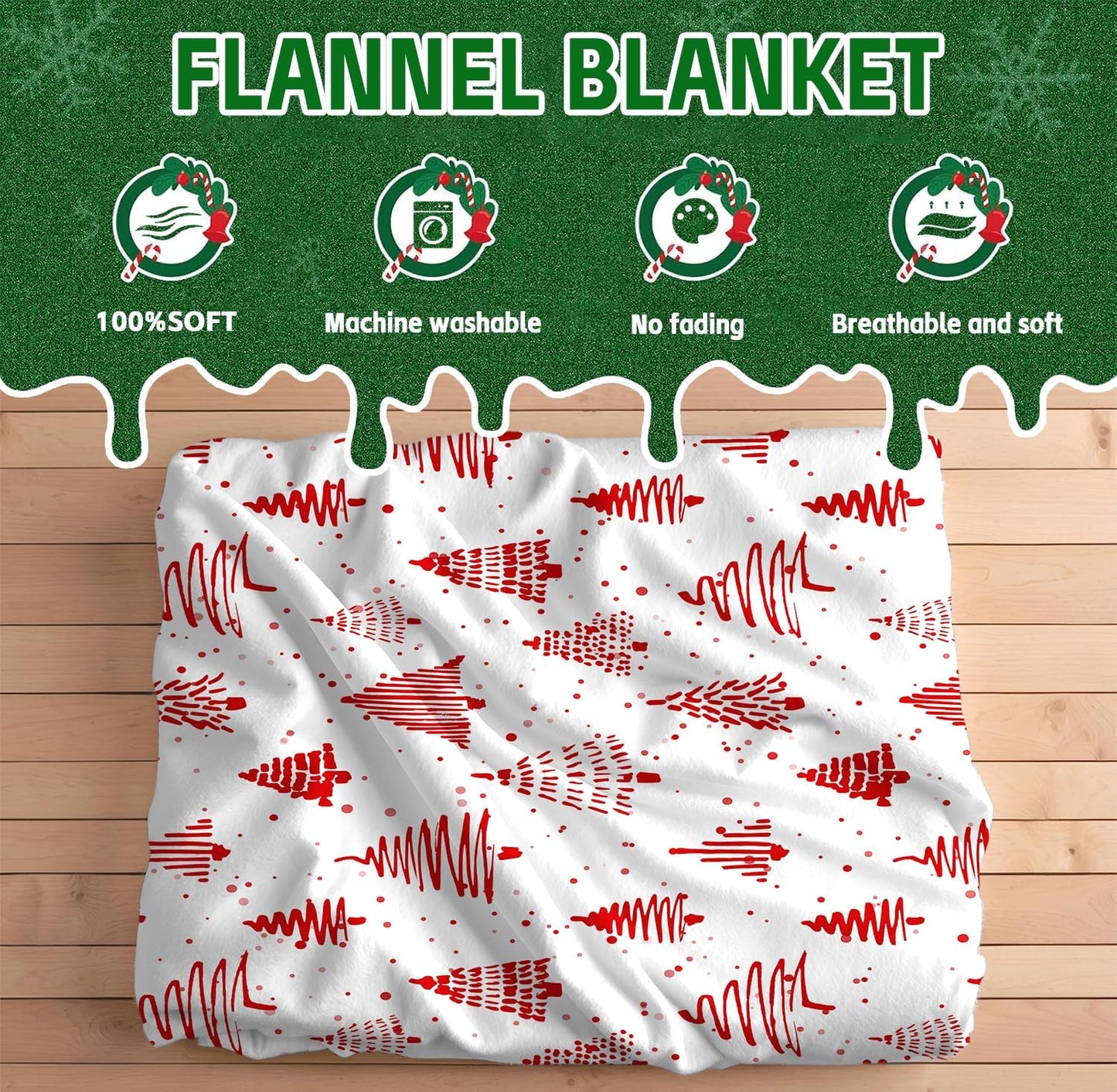 Christmas Tree Throw Blanket, Winter Red White Xmas Tree Warm Flannel Blanket for Living Room Couch Bed Chair or Dorm, 50x60 Inch