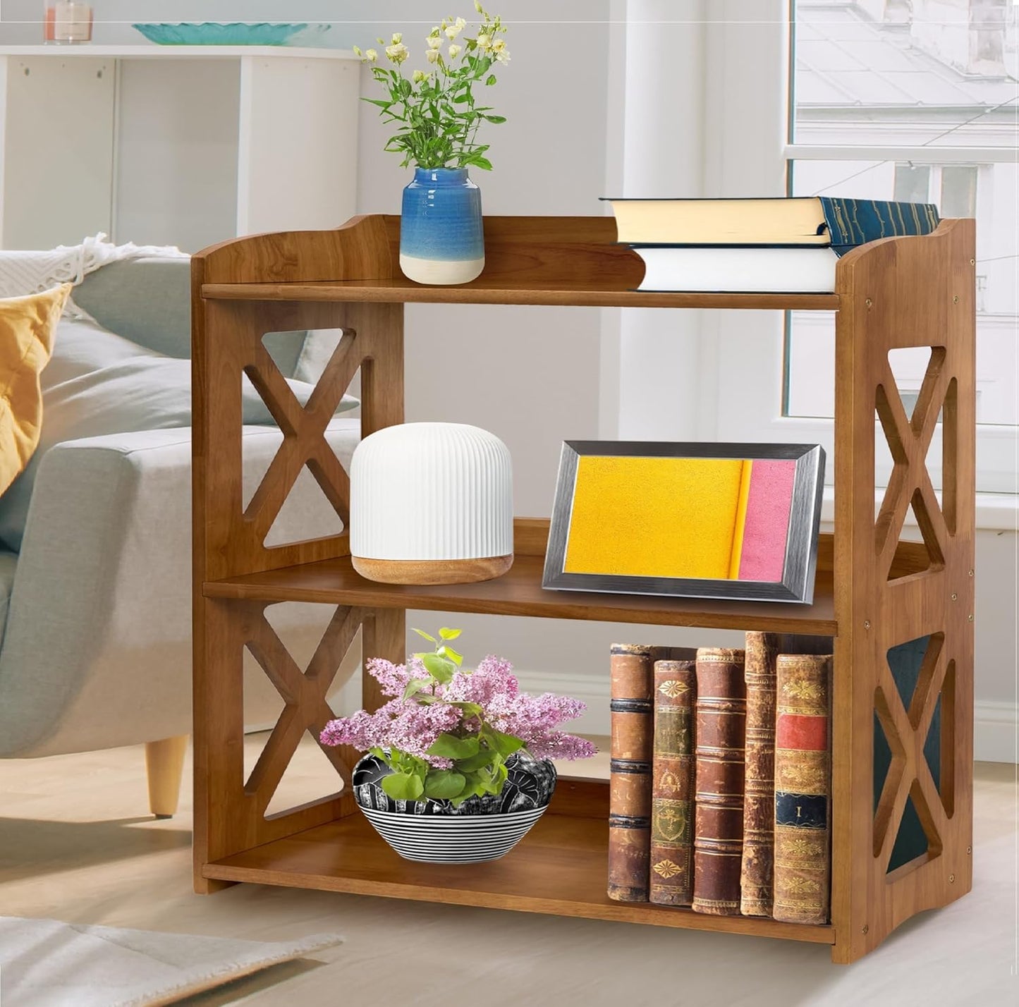Brown Bookcase by Natural Wood, 4 Tier Bookshelf, Small Book Shelves Freestanding Display Storage Shelves. Open Bookshelf for Bedroom, Living Room and Office (Brown, 3 Tier)