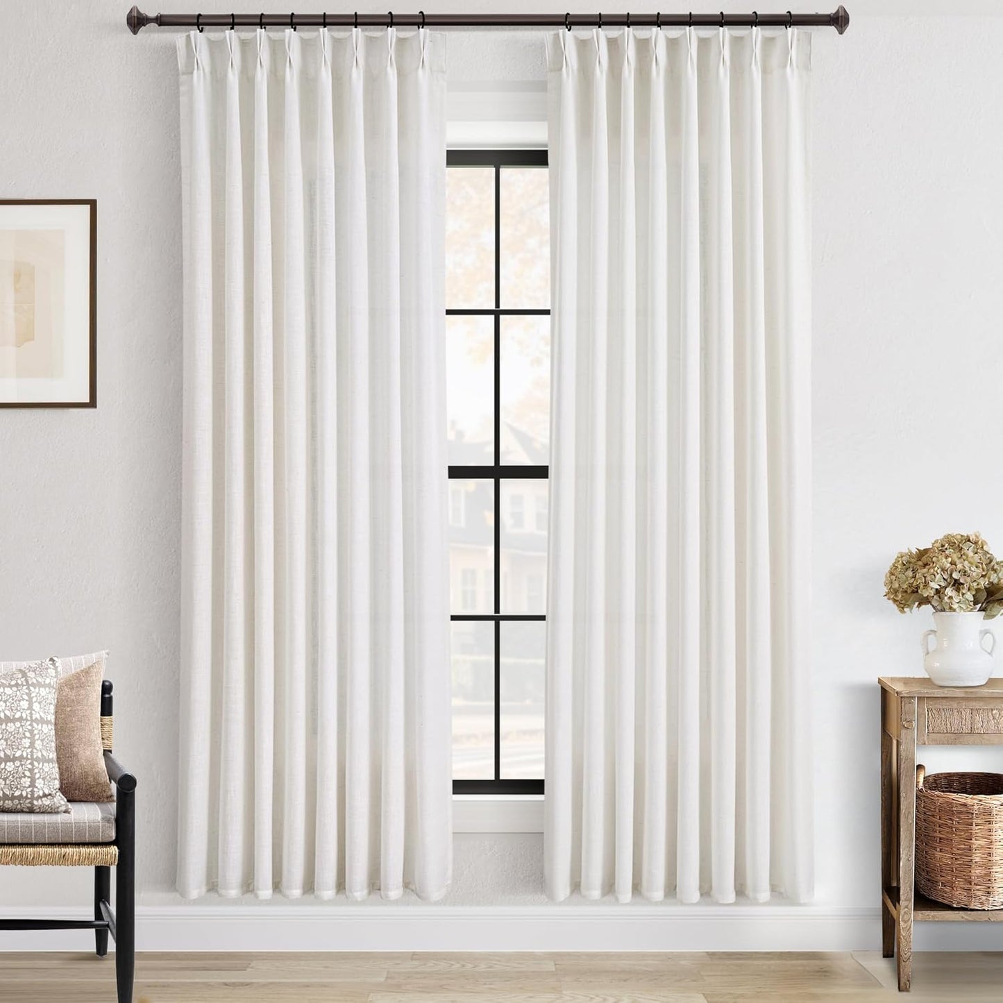 Pinch Pleated Linen Curtains 72 inches Long for Living Room Memory Training Shaped Natural Cream Light Filtering Semi Sheer Curtains 72 inch Length 2 Panel Set Modern Farmhouse Pinch Pleat Drapes