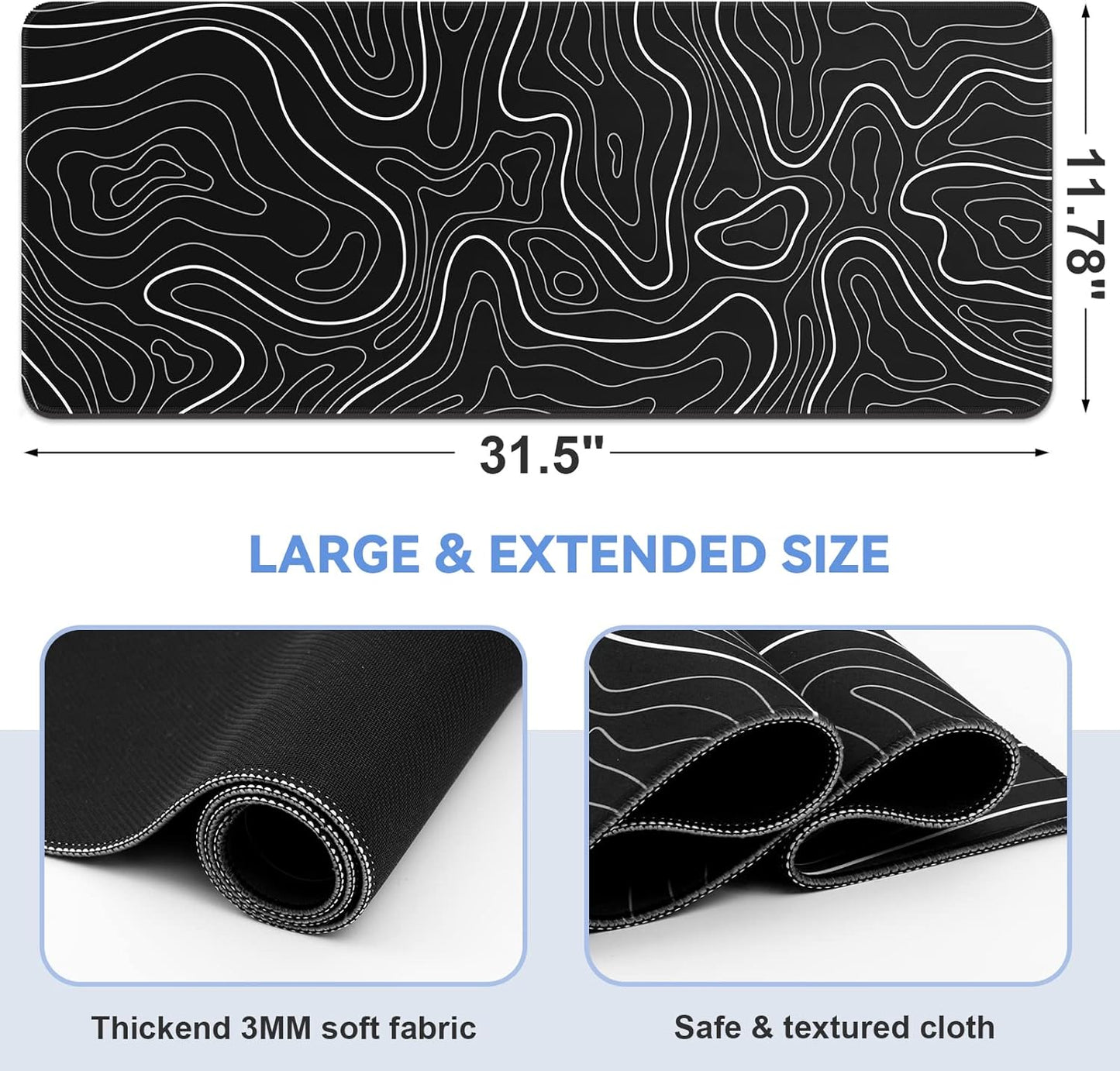 Mouse Pad Gaming Mousepad 31.5 x 11.8in Large Mouse Pad for Keyboard and Mouse with Anti-Slip Rubber Base, Keyboard Pad XL Mouse Mat for Home and Office（Black with White Topographic Line）