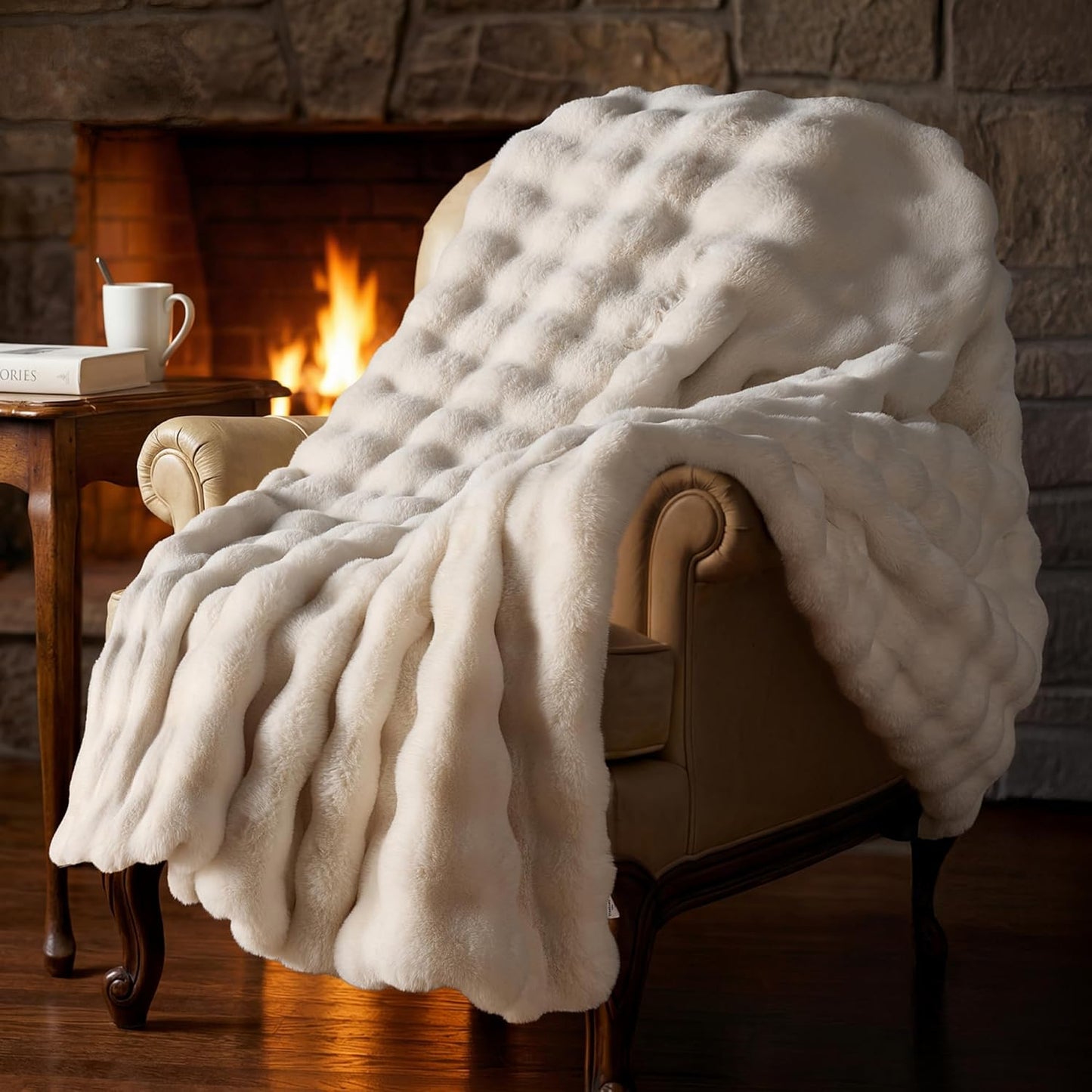 Luxury Ultra Soft Faux Fur Throw Blanket, 50x60 Inches Fluffy Plush Thick Bubble Blanket for Couch and Sofa, Premium Velvet Cozy Lola Fuzzy, 1000 GSM (Cream White)