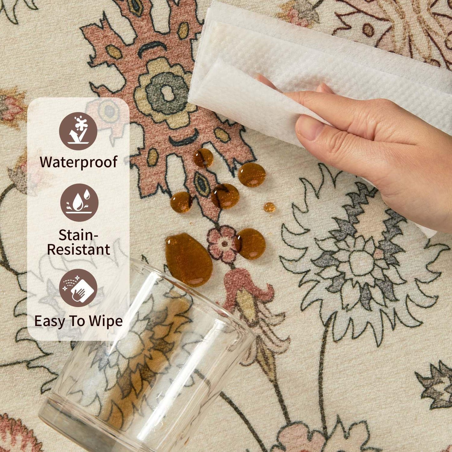 Floral Rug for Living Room Bedroom, 5x7 Washable Rug, Vintage Boho Area Rug, Large Non Slip & Low Pile Wool Carpet for Indoor Dining Room, Girls Room, Nursery Room and Kids Room(Apricot 5x7ft)