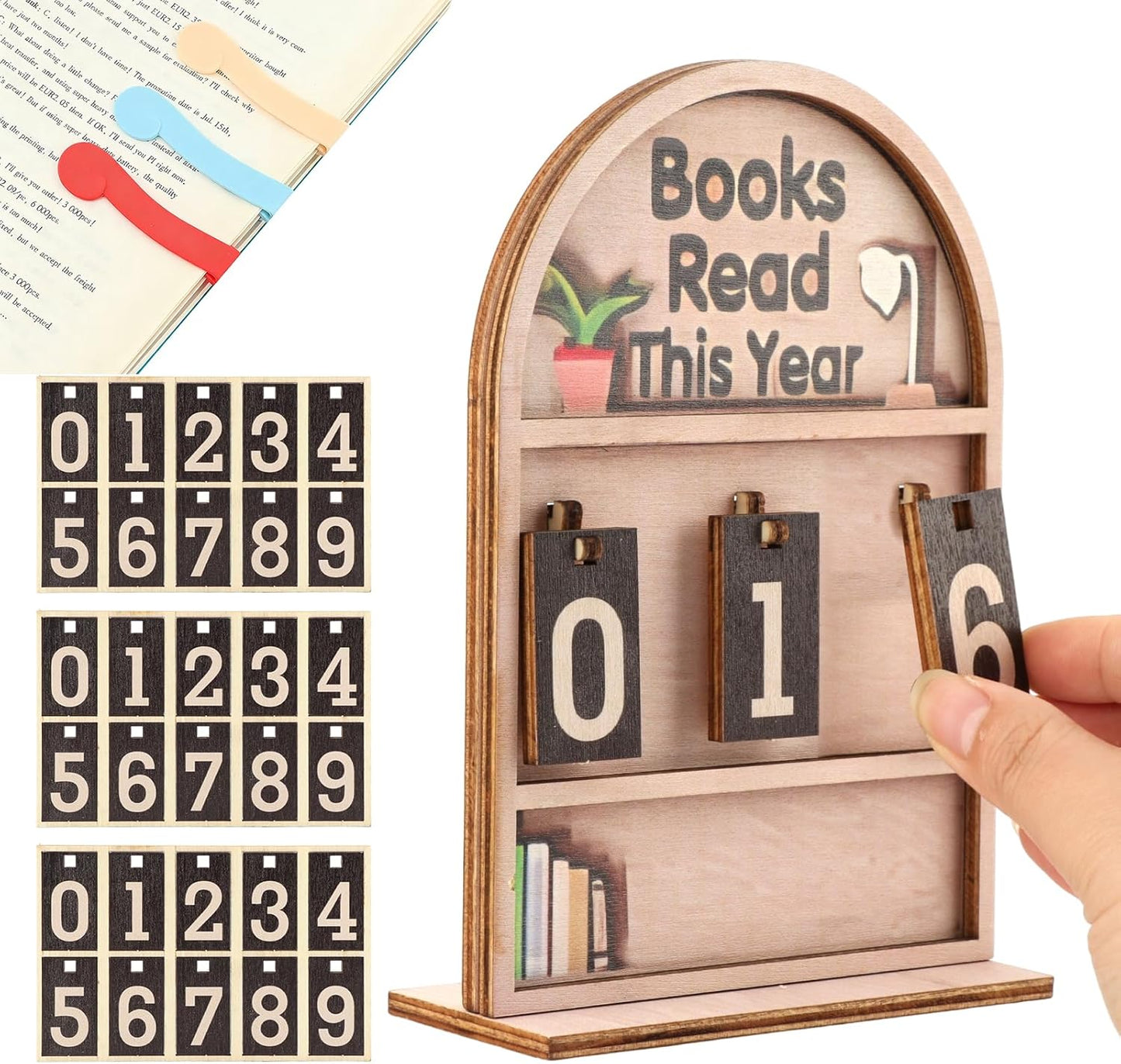 Books Read This Year Counter, Books Read This Year Sign with Stand and Bookmark, Book tracker for Reading Goal Bookshelf Decor, Gift for Teachers, Librarians, Readers(COLOR:wood)