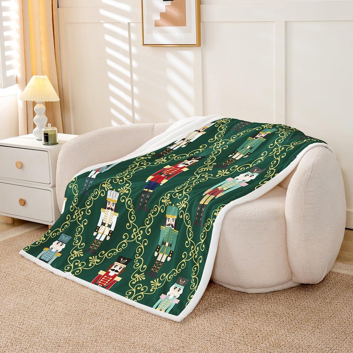 Feelyou Christmas Nutcracker Throw Blanket Merry Christmas Soft Fleece Sherpa Cozy Fuzzy Plush Warm Gold Green Fuzzy Plush Throw Soldier Toy Throw 50"x60" Winter Holiday for Bed Couch Living Room