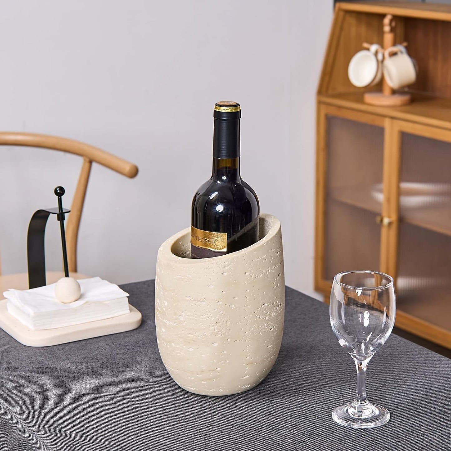 Natural Travertine Textures Wine Chiller Bucket – 750ml Resin Cooler for Wine & Champagne Bottles, Party Bar Cart Decor – Keeps Drinks Cold, Unique Gift for Wine Lovers, Housewarming (Beige)