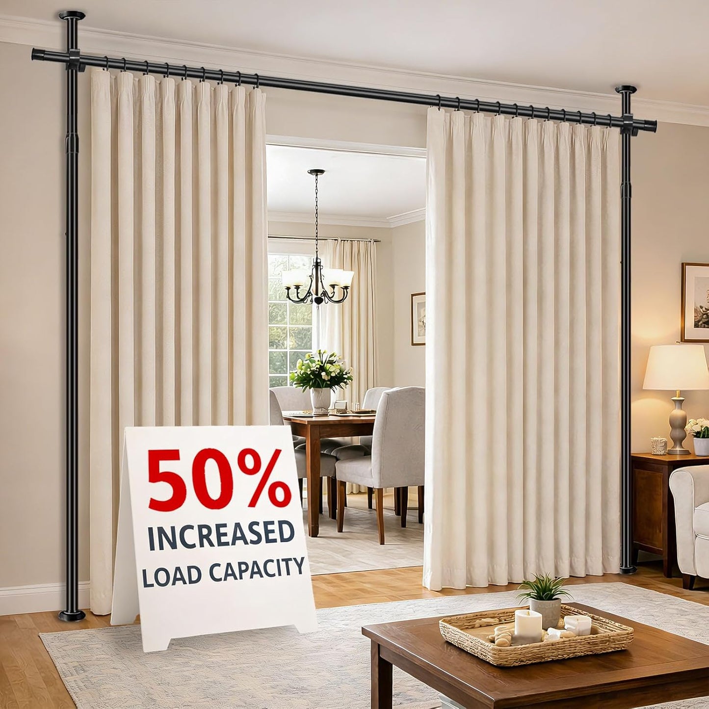 AJAZZ Room Divider Curtain Rod, No Drilling Room Separator for Space Partition Adjustable (H) 43-120×(W) 35-100 inch Heavy Duty Temporary Wall Divider Floor to Ceiling Tension Rod, Black