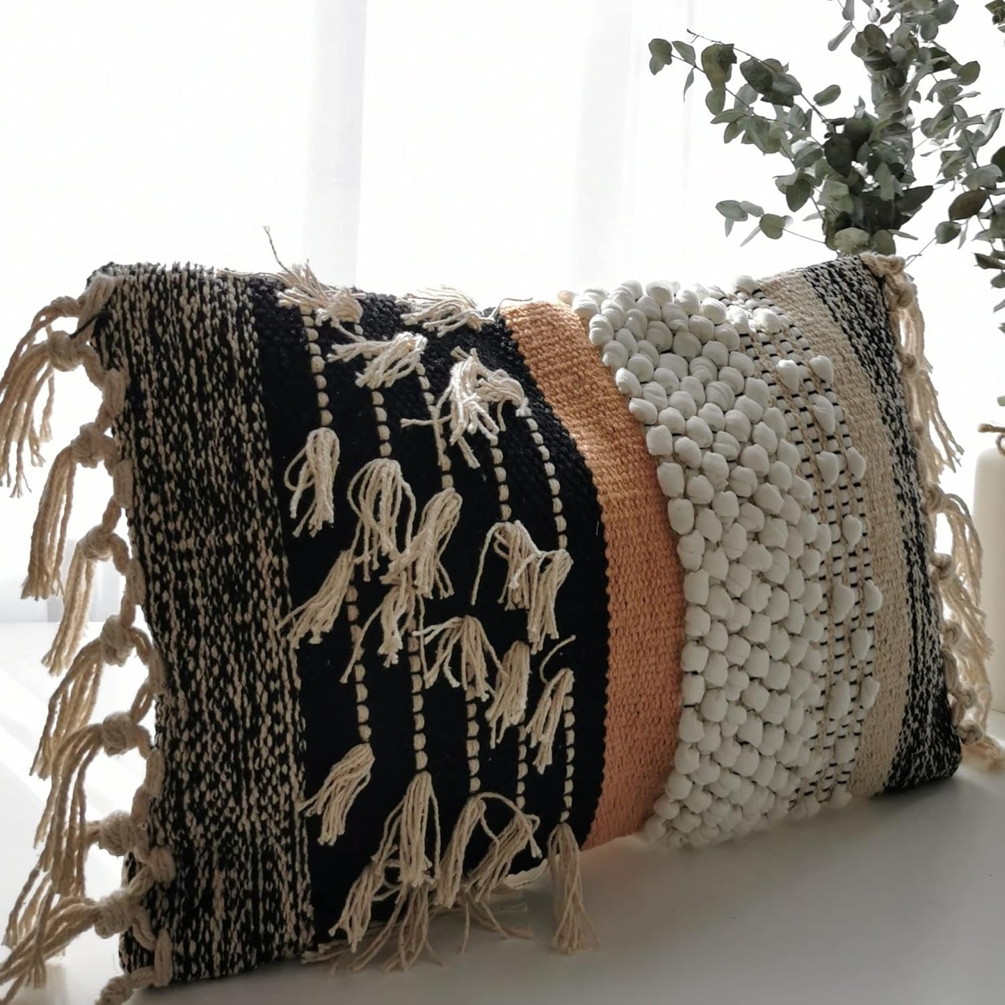 Decorative Boho-Chic Premium Pillow Cover 12x20 Handwoven Tufted Cotton Lumbar Accent Pillows, Neutral Earthly Color Throw Cushion, Farmhouse & Bohemian Home Decor (no Insert)