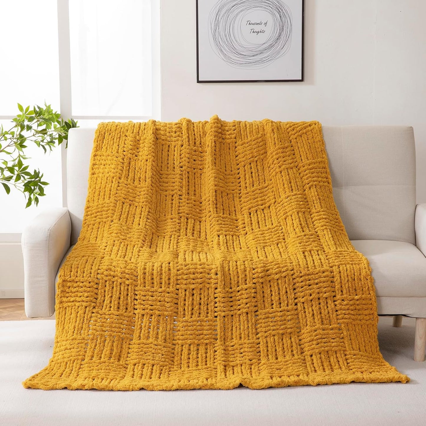 YIRUIO Handmade Chunky Knit Throw Blanket Cable with Checkered Pattern 60x80 Oversized Throw Larger Yarn Ultra Soft Cozy Warm for Home Décor Couch Sofa Bed (Turmeric, Twin XL)