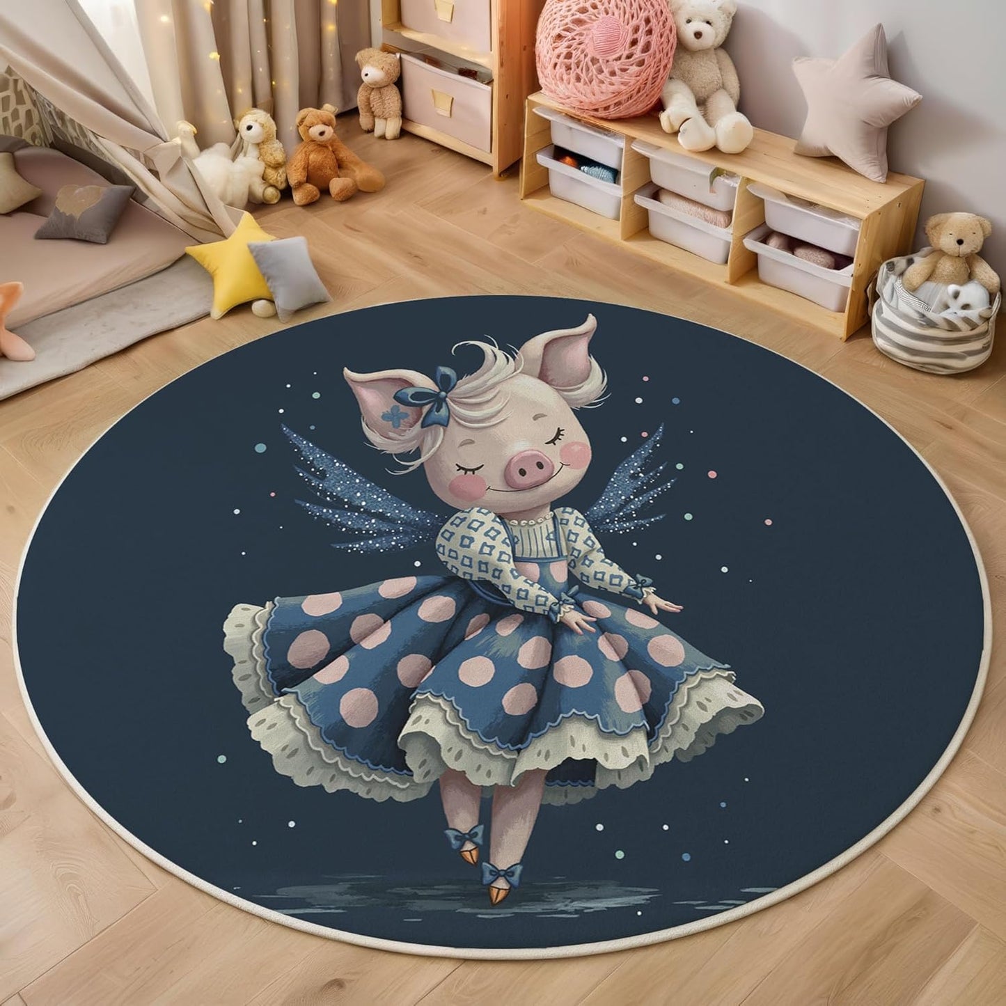 Washable Cute Dress Pig Area Rug, 4Ft Round Rugs for Living Room Soft Carpet for Bedroom Cartoon Animal Indoor Stain Resistant Non-Shedding Floor Carpet, Navy Blue, 4Ft-Round