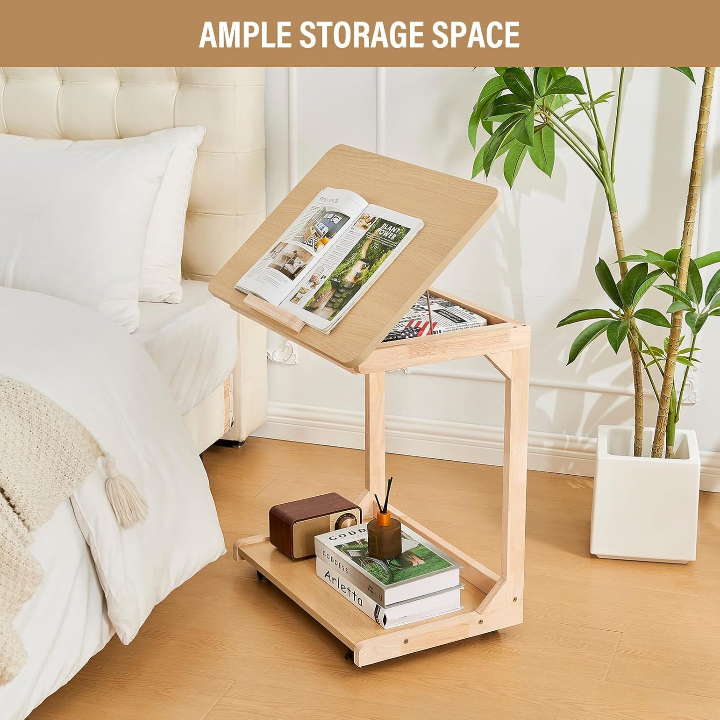 CozyDH Bedroom Side Table - Wooden End Tables Bedroom, C Shaped End Table with Wheels, Small Rolling Table for Bedside, Skinny Tray Desk for Sofa/Couch/Living Room, Natural