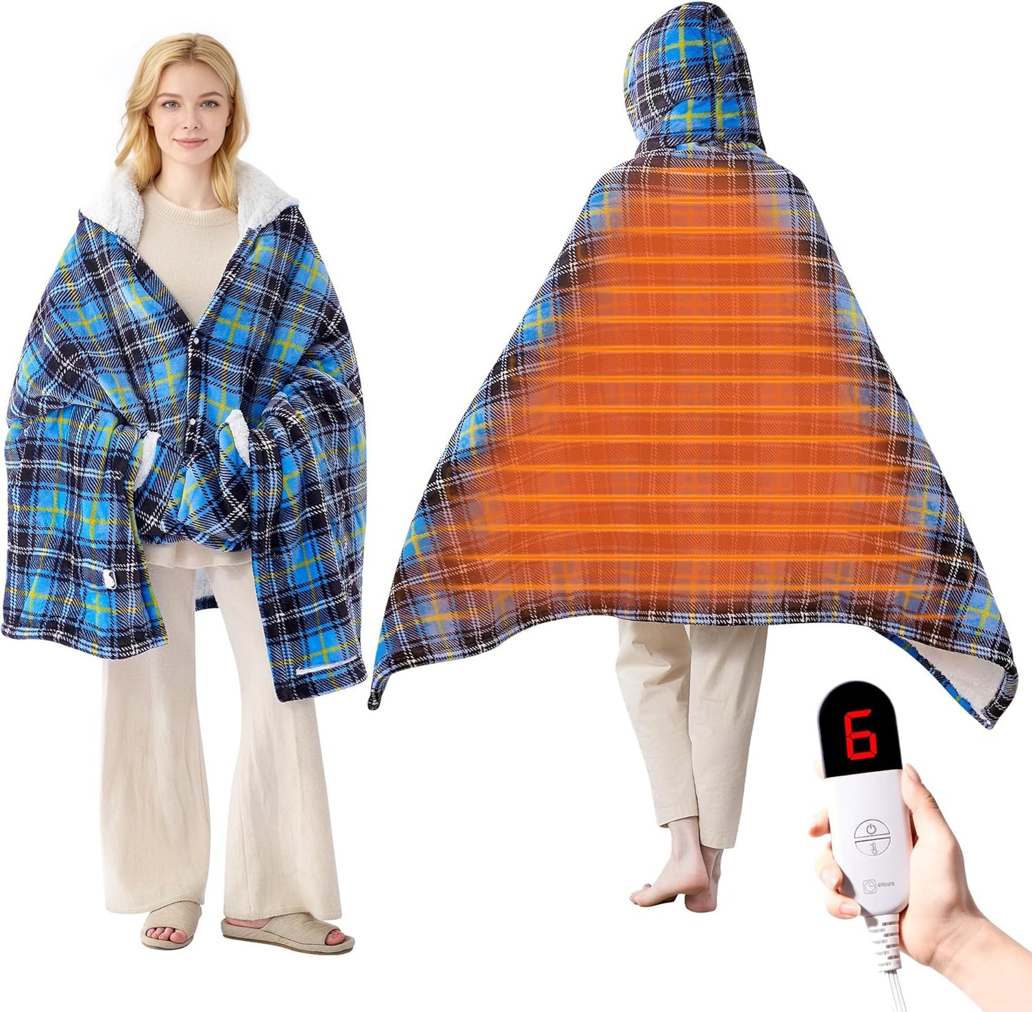 Electric Blanket Wearable Heated Shawl with Hood & Pockets – 6 Heat Settings, 4H Auto-Off, Flannel & Sherpa Reversible, Cozy Plaid Heated Throw Blanket for Home, Couch, or Gift, 40"x70", Blue