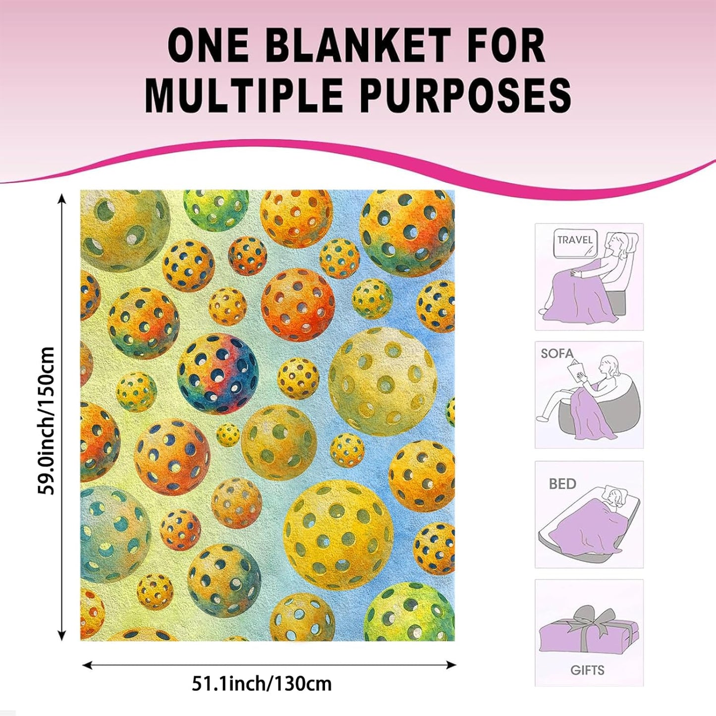 Pickleball Throw Blanket 60x50 – Soft Flannel Fleece, Watercolor Ombre All-Over Ball Print, Lightweight Room Decor for Couch or Bed – Gift for Players, Machine Washable