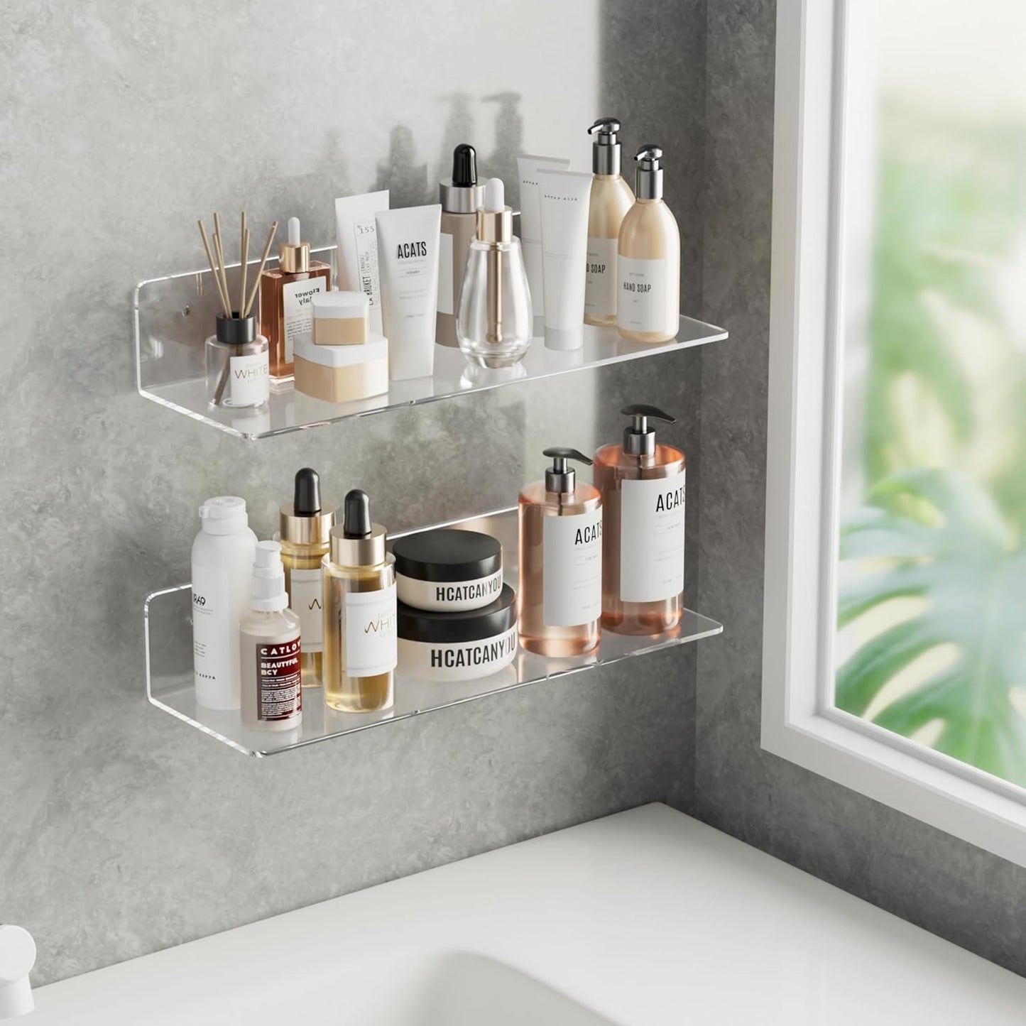 HANGE 4-Pack Clear Acrylic Floating Shelves, 12" Invisible Wall Mounted Shelves – Space-Saving Storage for Kids’ Books, Bathroom, Bedroom, Kitchen, Living Room – Modern Display Organizer