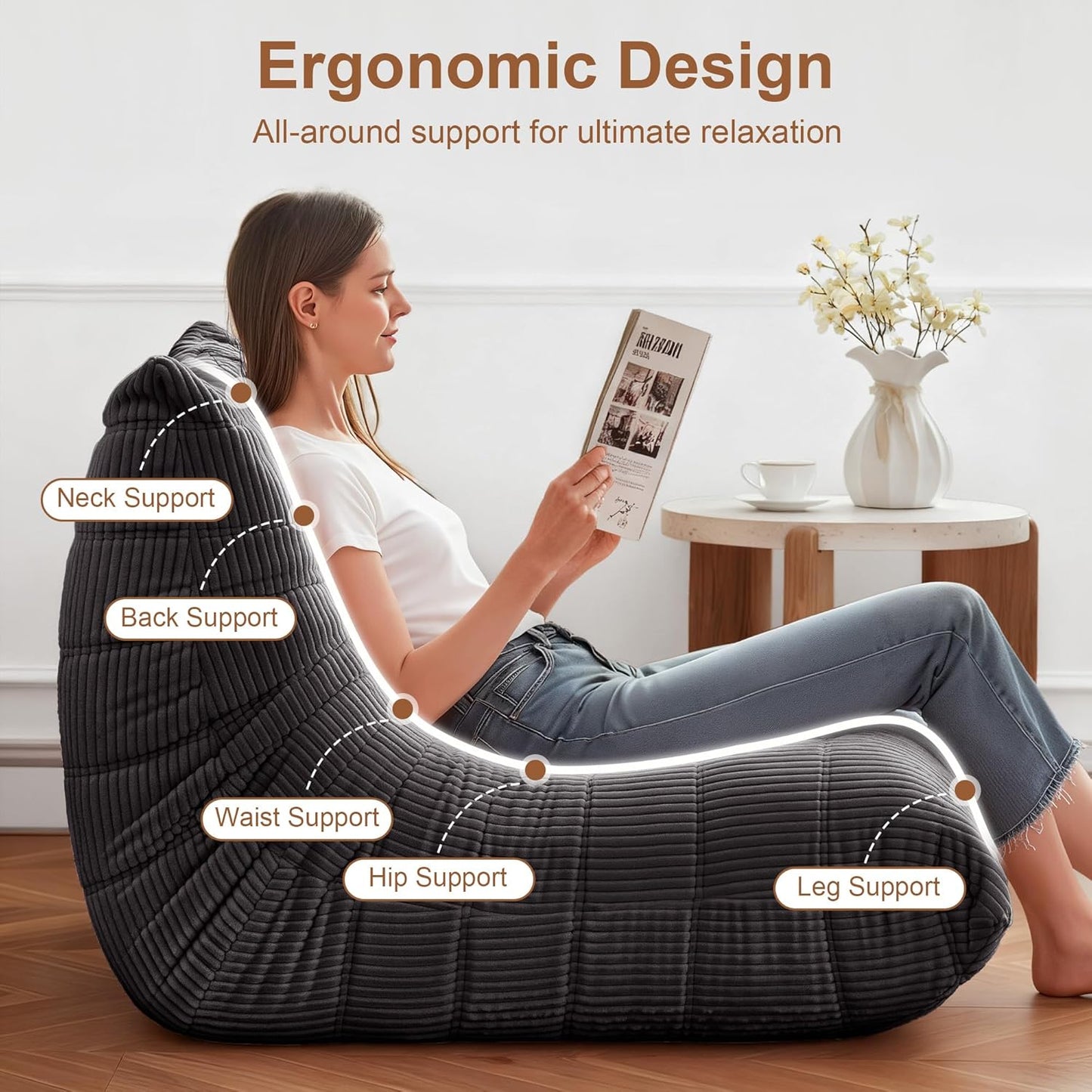 Bean Bag Chair for Adults - Large Bean Bag Chairs with Lumbar Pillow, Oversized Corduroy Memory Foam Boneless Chair with High-Rebound, Lazy Floor Sofa for Reading Gaming Living Room Bedroom, Grey