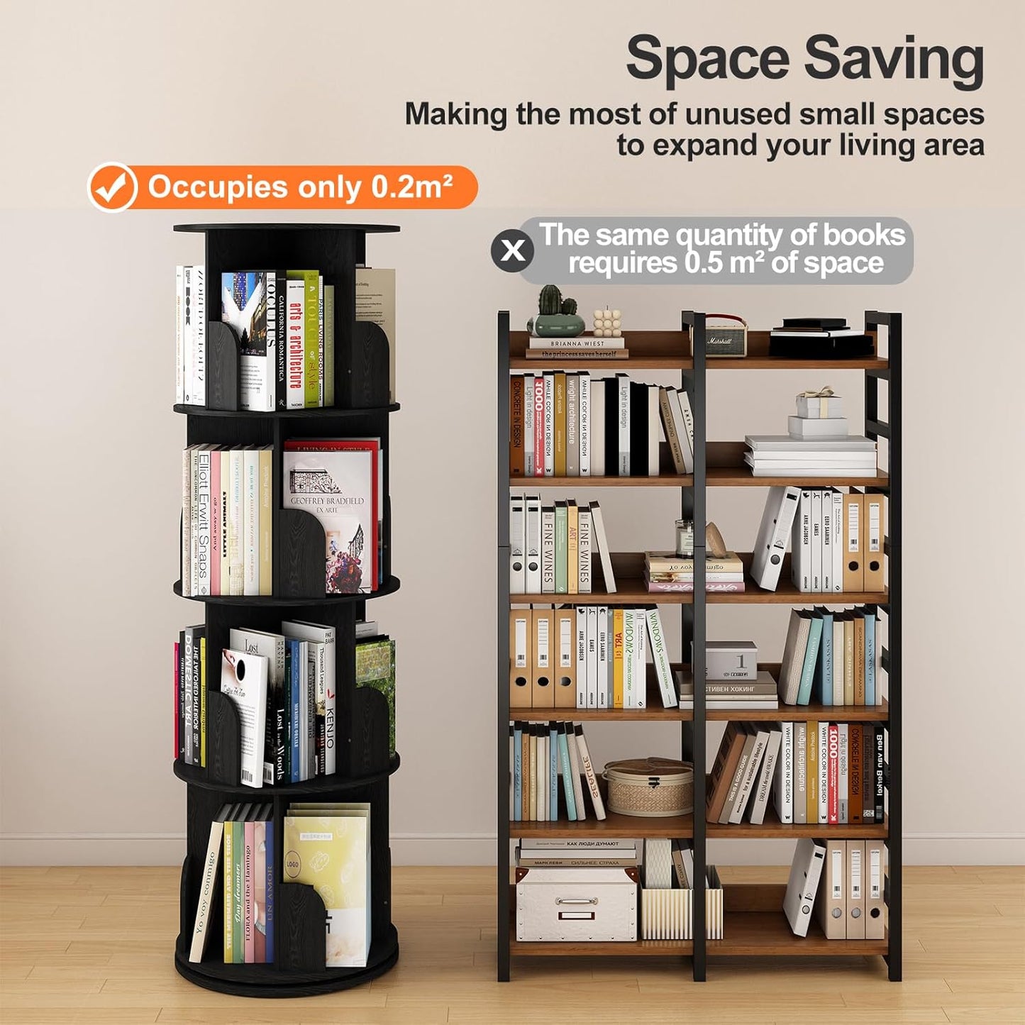 360°Rotating Bookshelf,4 Tier Corner Bookcase,Book Shelf,Floor Storage Wood Organizer for Sturdy,Home Office,Living Room,Bedroom,Kids Room