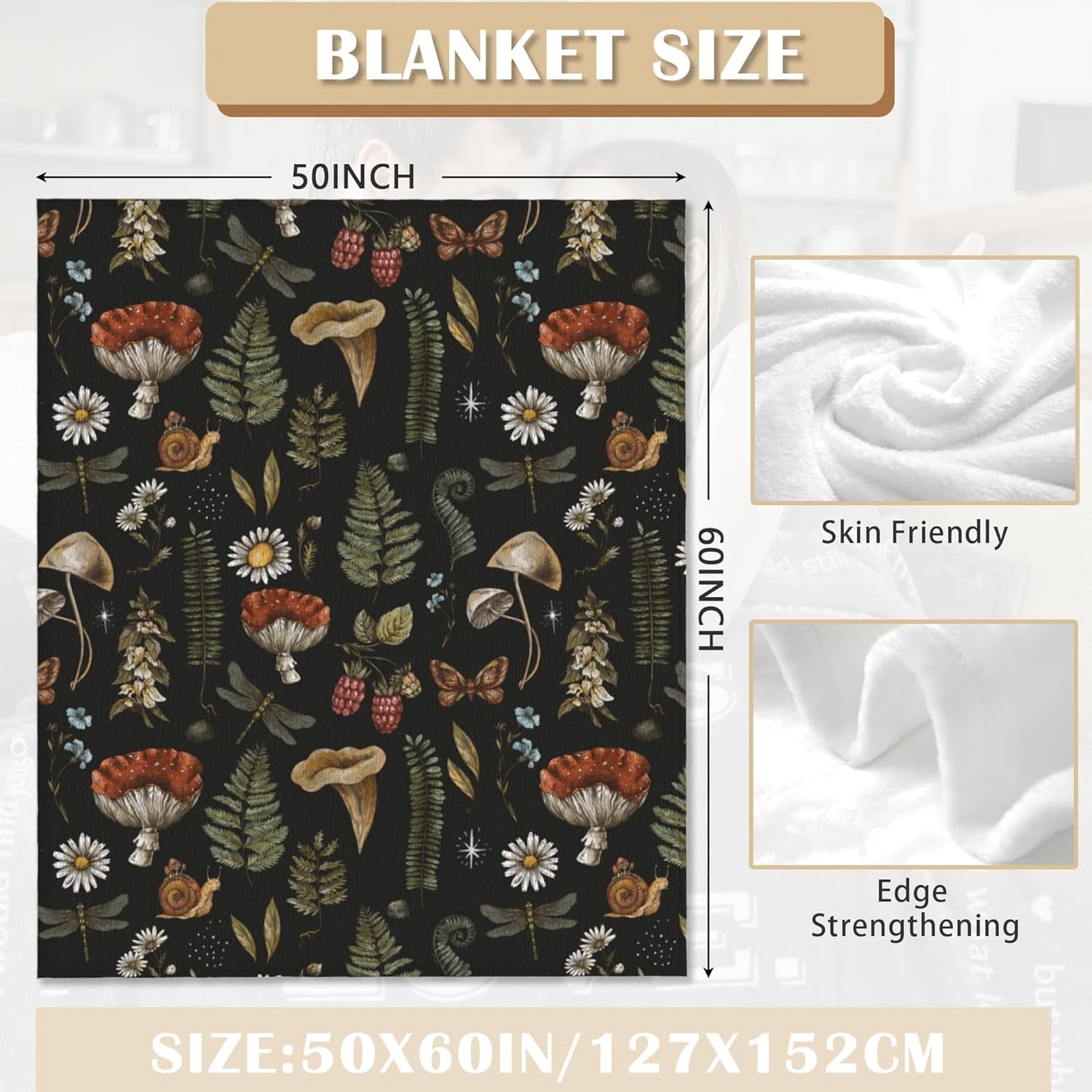 Elightvap Blanket Mushroom Fern Forest Plants Butterfly Blankets Warm Lightweight Throw Blanket All-Season for Couch Bed Man Women Girl 50"x60"