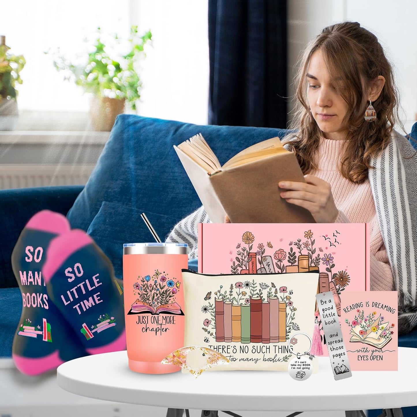 Book Lover Gifts for Women, Bookish Gifts with 20 Oz Tumbler Socks Tote Bag Makeup Bag Page Holder Bookmark Keychain Earrings