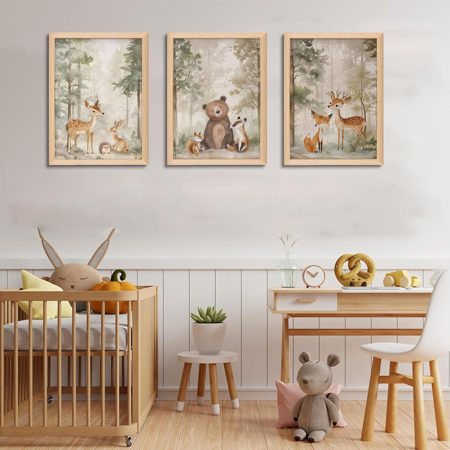 Framed Woodland Wall Art Set of 3, Wild Animals Nursery Wall Decor, Cute Bear Fox Deer Watercolor Canvas, Forest Animal Pictures Print for Baby Room Decor Home Decoration – 12X16 inch
