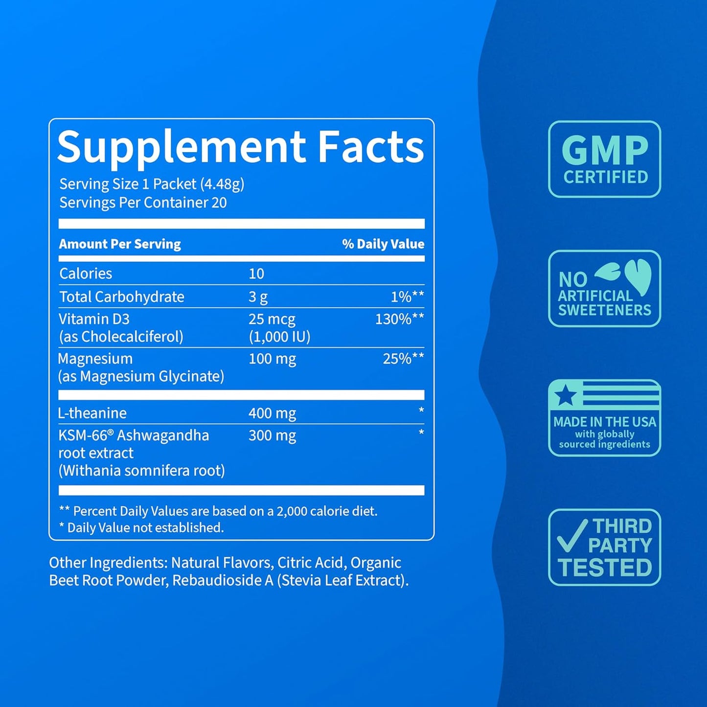 Nello Supercalm Powdered Drink Mix, Cortisol Reducer and Sleep Aid Supplement, L Theanine, Ksm-66 Ashwagandha, Magnesium Glycinate, Vitamin D 3, No Sugar, Non GMO, On The Go, 20 Ct, Raspberry Lemonade