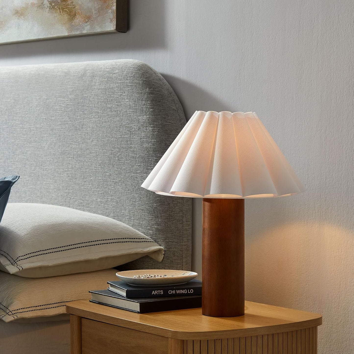 Modway Flora Table Lamp with Pleated Petal Lampshade in Walnut