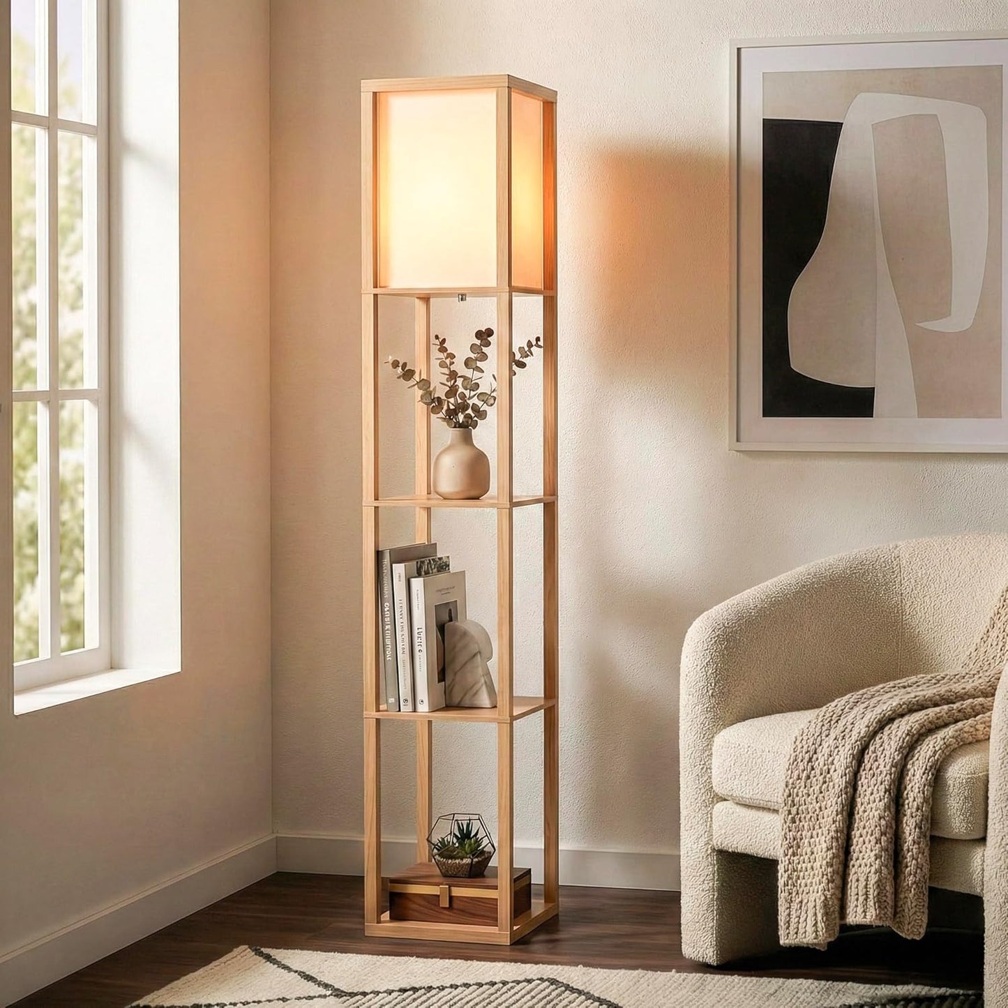 Brightech Maxwell - Modern Shelf Floor Lamp with Lamp Shade & Warm White LED Bulb, Corner Display Floor Lamp with Shelves for Living Room, Bedroom, Nightstand Office, Home Decor Storage - Natural Wood