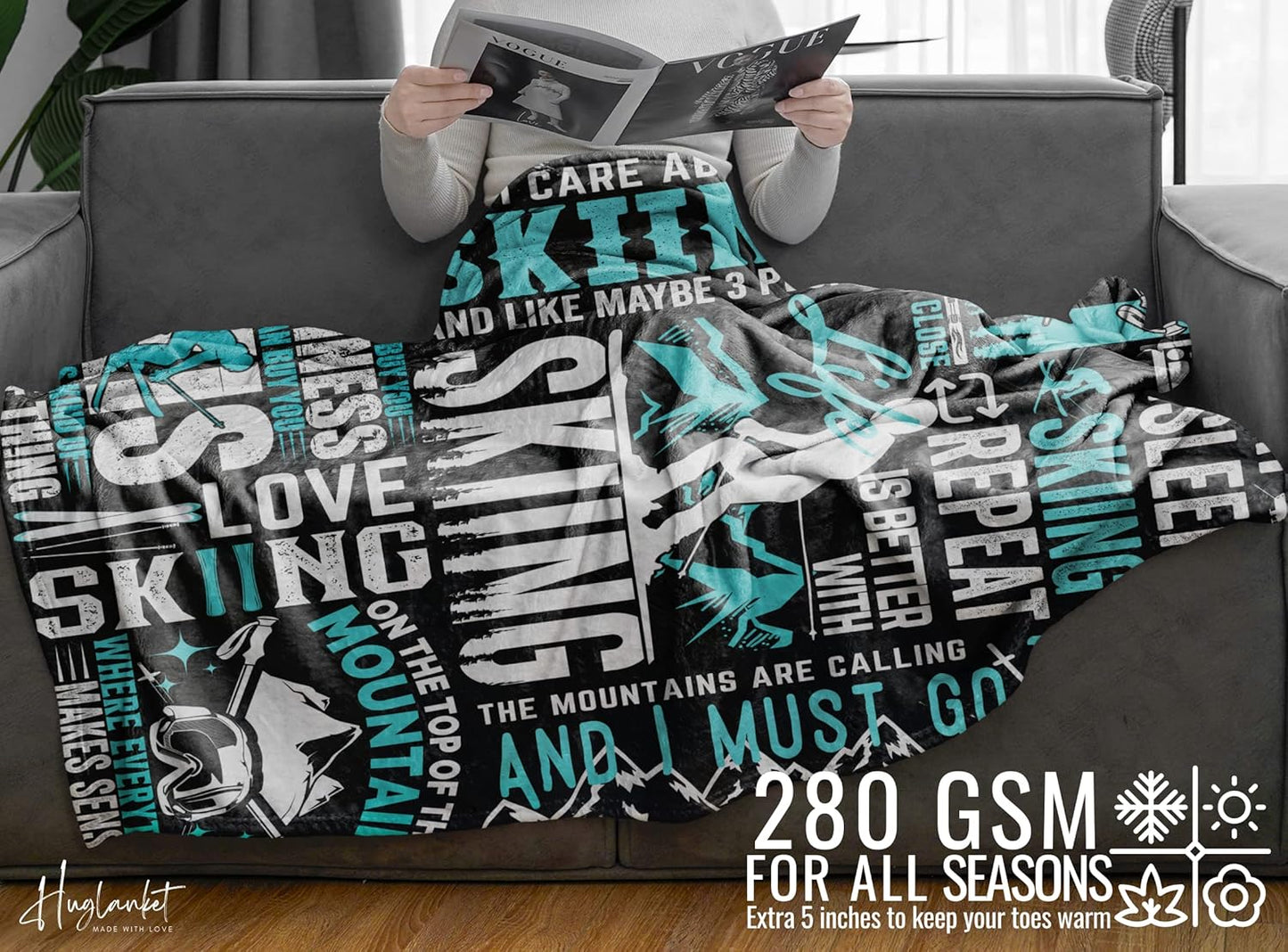 Flannel Plush Blanket, Unique Ski Design - Throw Blanket Gifts for Skier - Quotes About Ski - 50"x 65"