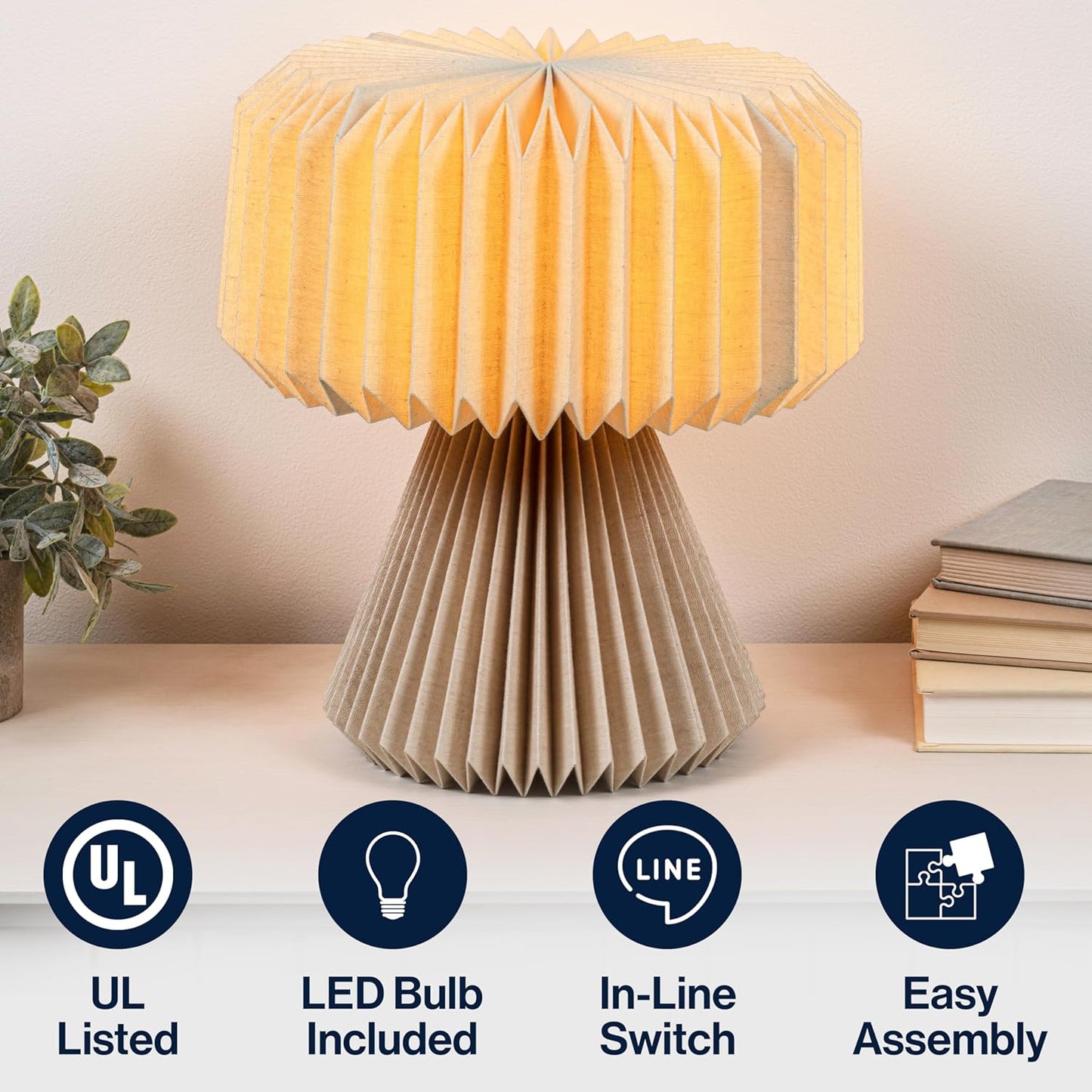 JONATHAN Y 12.8" Natural Modern Art Deco Accent LED Table Lamp for Bedroom, Paper Pleated Shade, Scandinavian Boho Small Bedside Lamp, LED Bulb Included JYL9107B