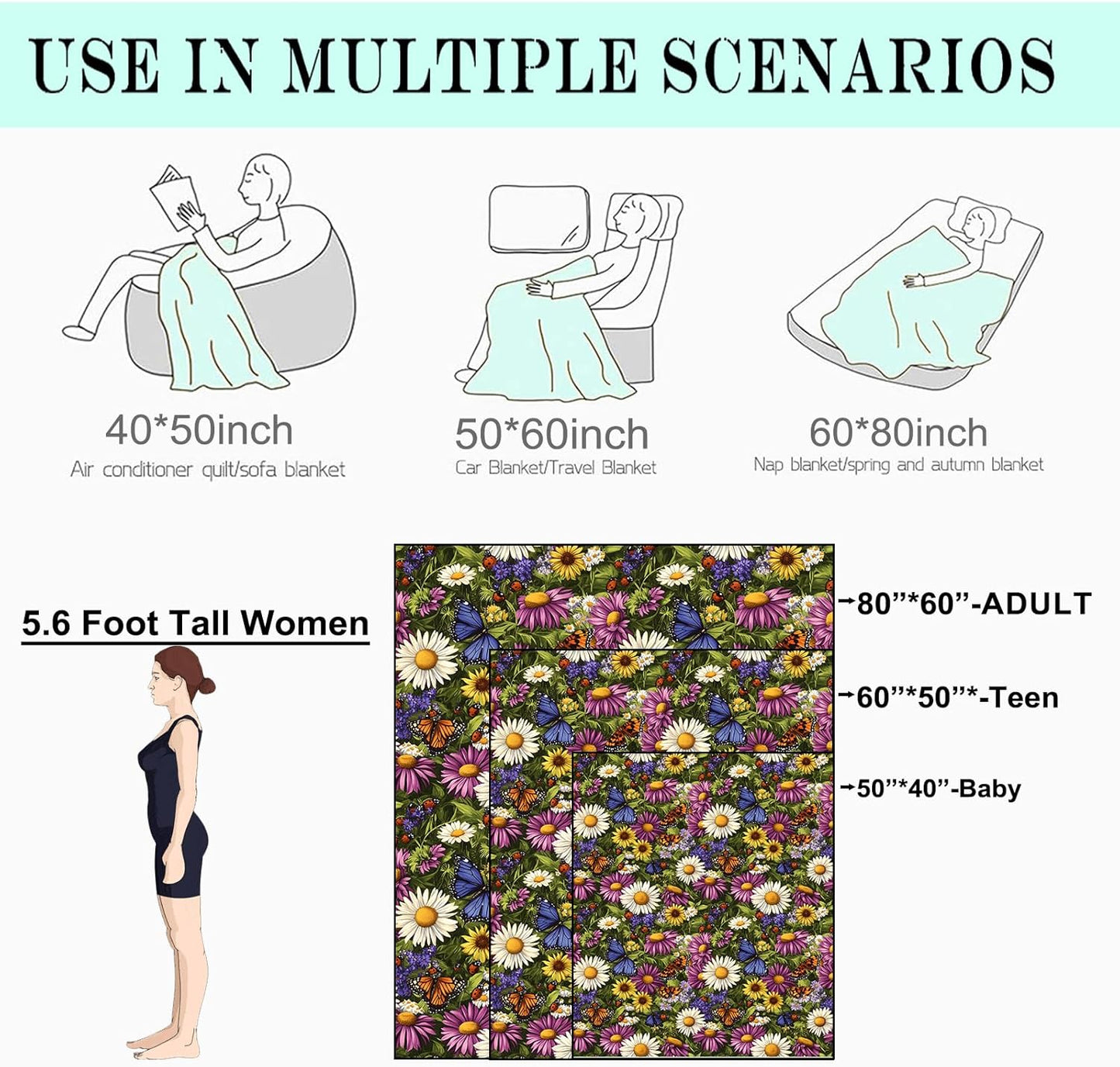 Wildflower and Butterfly Fleece Blanket - 40x50in Colorful Flower Daisy Floral Throw Blankets,Soft Cozy Lightweight, Ideal for Living Room Home Nature Decor and Kids Women Girls Spring Gifts