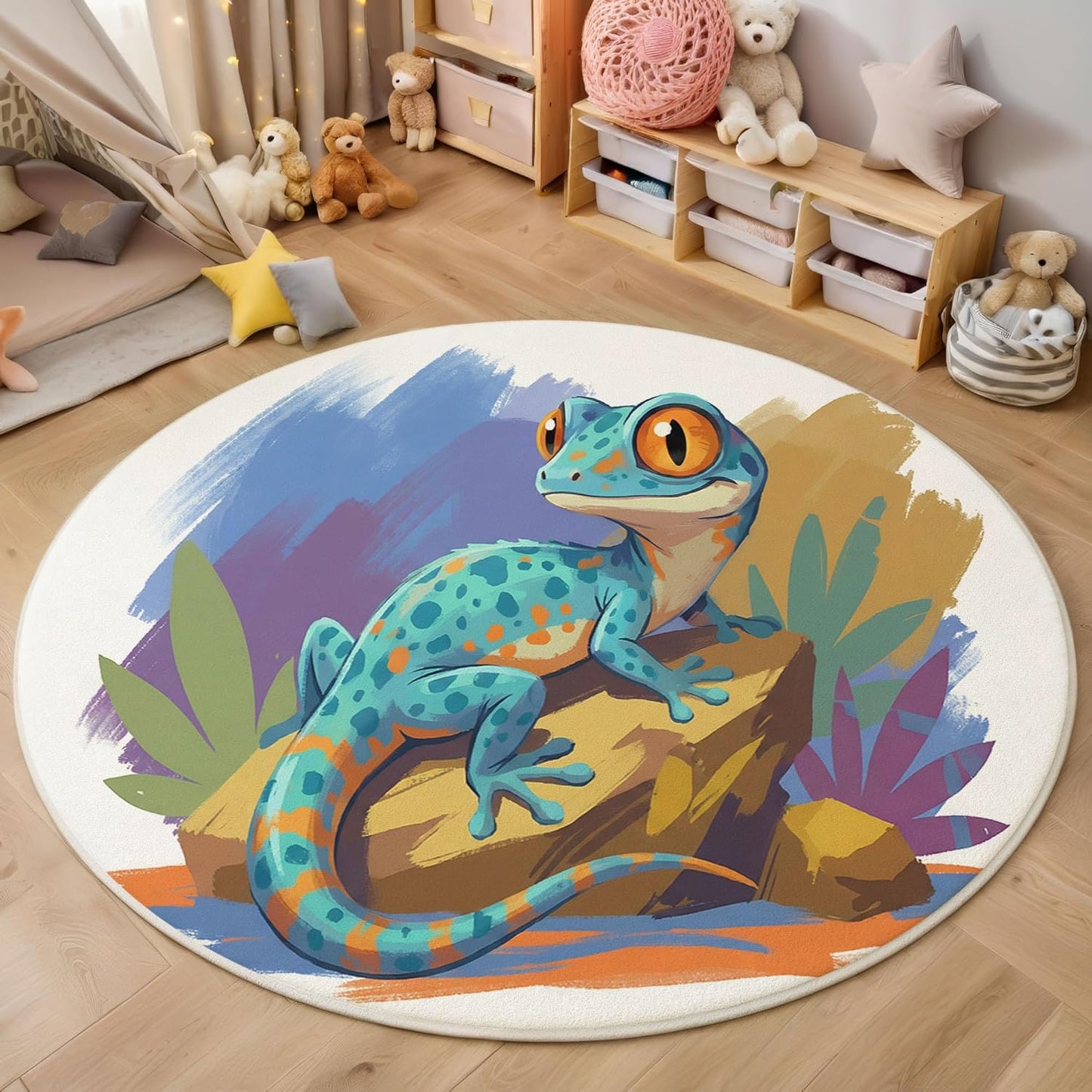 Modern Round Area Rug for Living Room, 5Ft Washable Round Rug Turquoise Watercolor Gecko Rocks Circle Rugs for Dining Room Table, Cartoon Animals Small Circular Floor Carpet for Bedroom