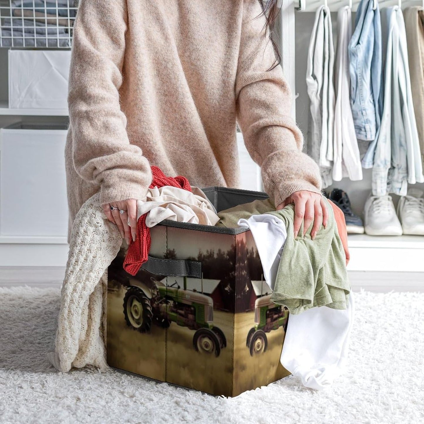Old Tractor Photo Farm Storage Bins with Handles Fashion Large Storage Cubes Sturdy Foldable Storage Boxes Space-Saving Storage Baskets for Home Office Clothes Closet Organizers