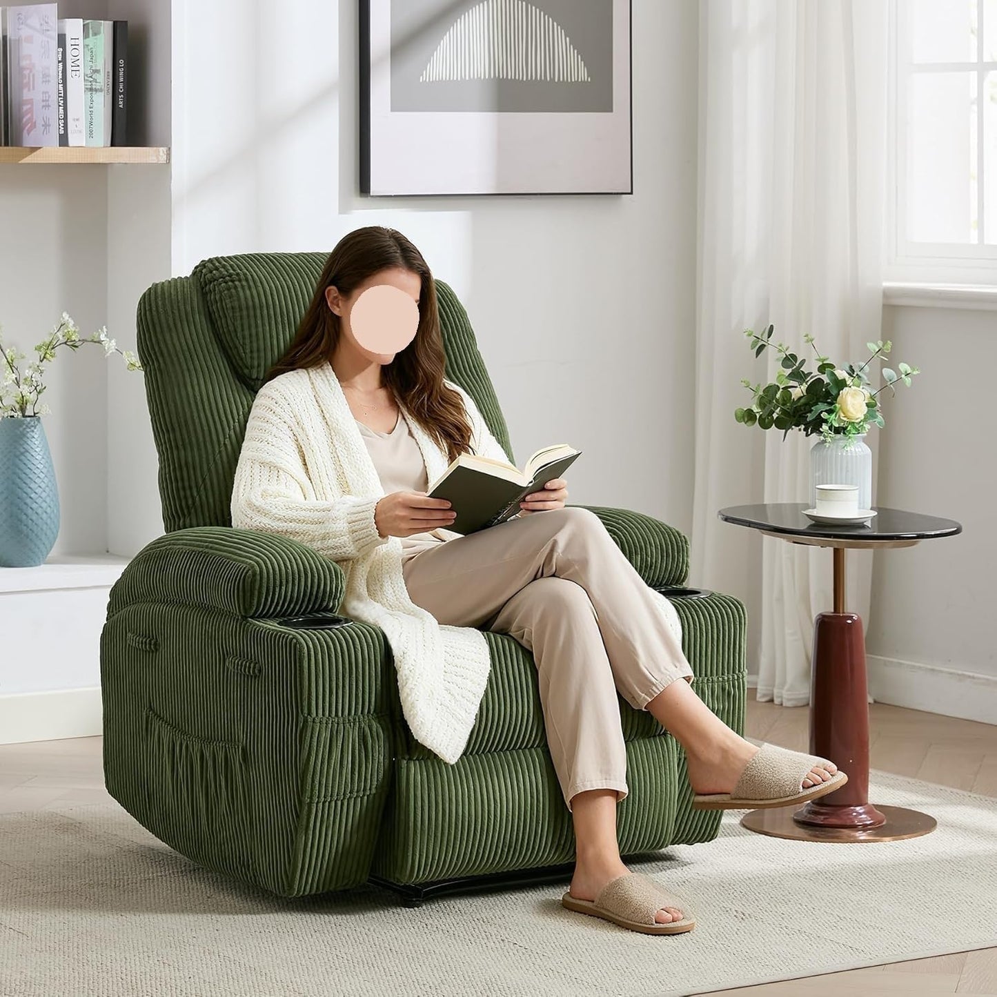 Green Corduroy Power Recliner Chair with Heat Massage 8-Point Vibration Dual Cup Holders Side Pocket Metal Frame Electric Chairs for Living Room Bedroom Home Theater