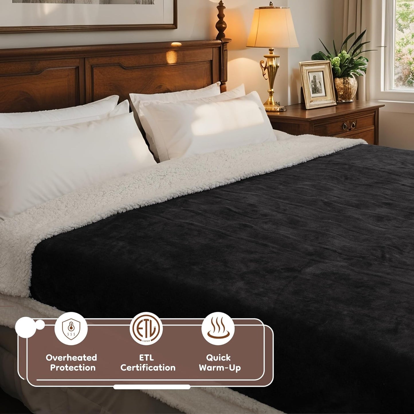 Electric Heated Blanket Throw Size 50"x60", Dual-Sided Soft Flannel & Sherpa, 4 Heat Settings with 3H Timer, Breathable Warm for Bed & Couch, Machine Washable, Dark Grey
