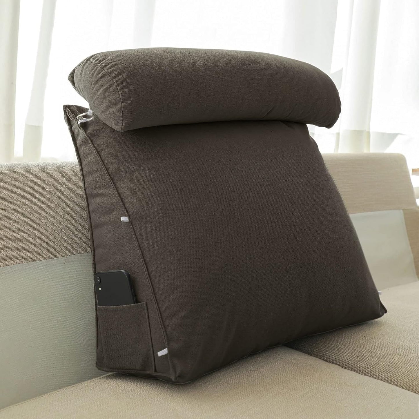 Reading Pillows for Sitting in Bed for Adult Washable Cover Adjustable Lumbar Support Cushion with Neck Support Pillow Triangular Back Cushion (Color : Brown, Size : 45 x 20 x 45 cm)