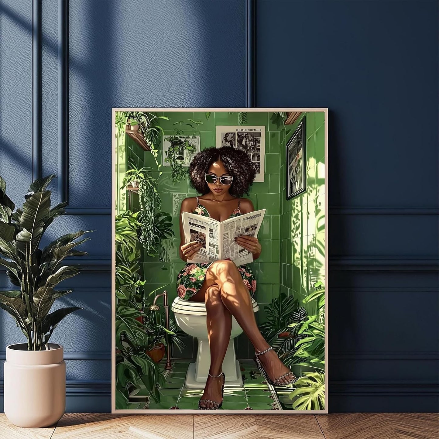 YUECOSHMAO African American Bathroom Decor Wall Art Dark Green Bathroom Mural Art Black Woman Reading in Green Botanical Toilet Poster Black Stylish Aesthetics Room Decoration 16X24 Inch Unframed