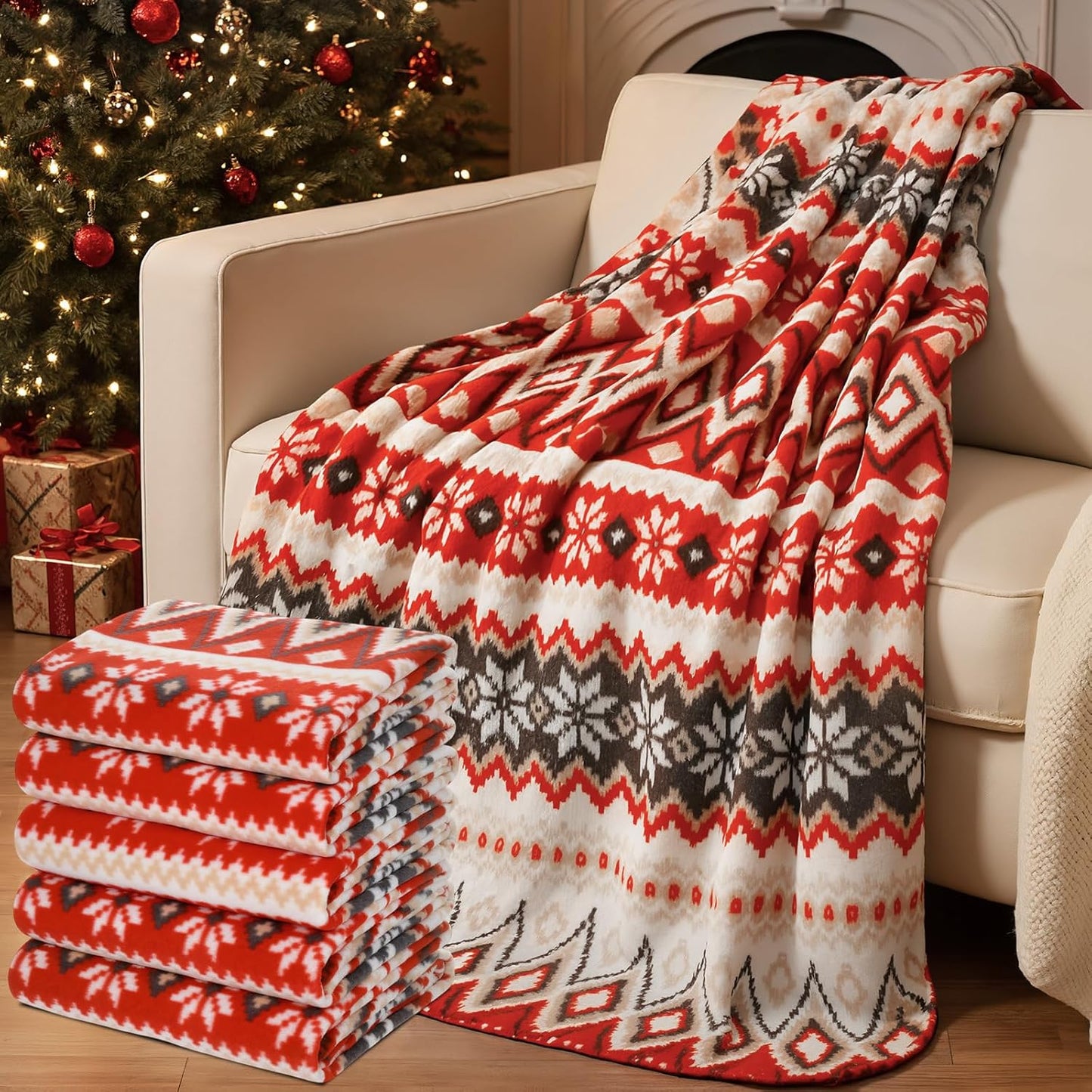 Preboun 6 Pcs 50 x 60 Inch Winter Throw Blanket Bulk Winter Decorations Gifts for Women Fleece Throw Blanket Warm Fair Isle Themed for Couch Sofa Office Travel Wedding