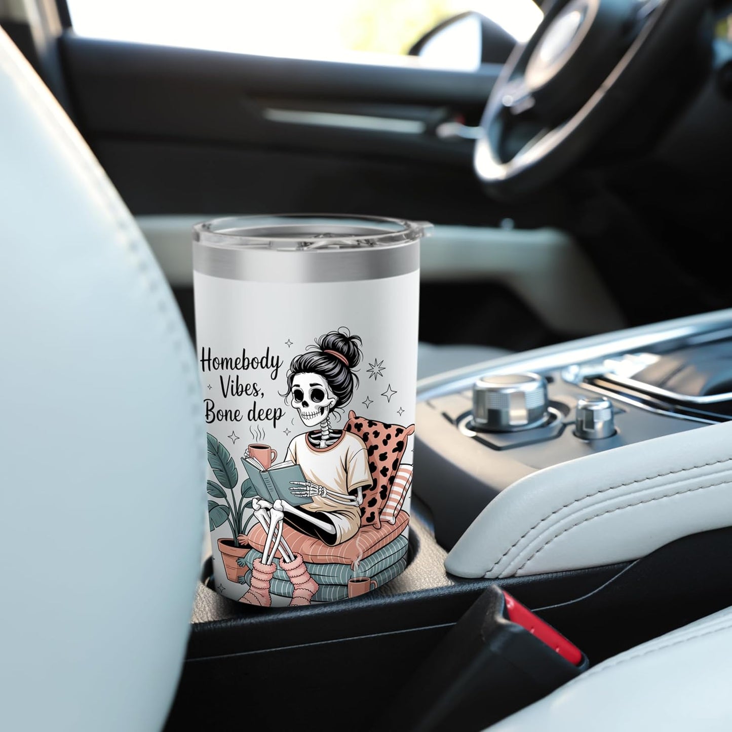 Homebody Skeleton Reading Book Cozy Bone Deep Vibes Stainless Steel Insulated Tumbler