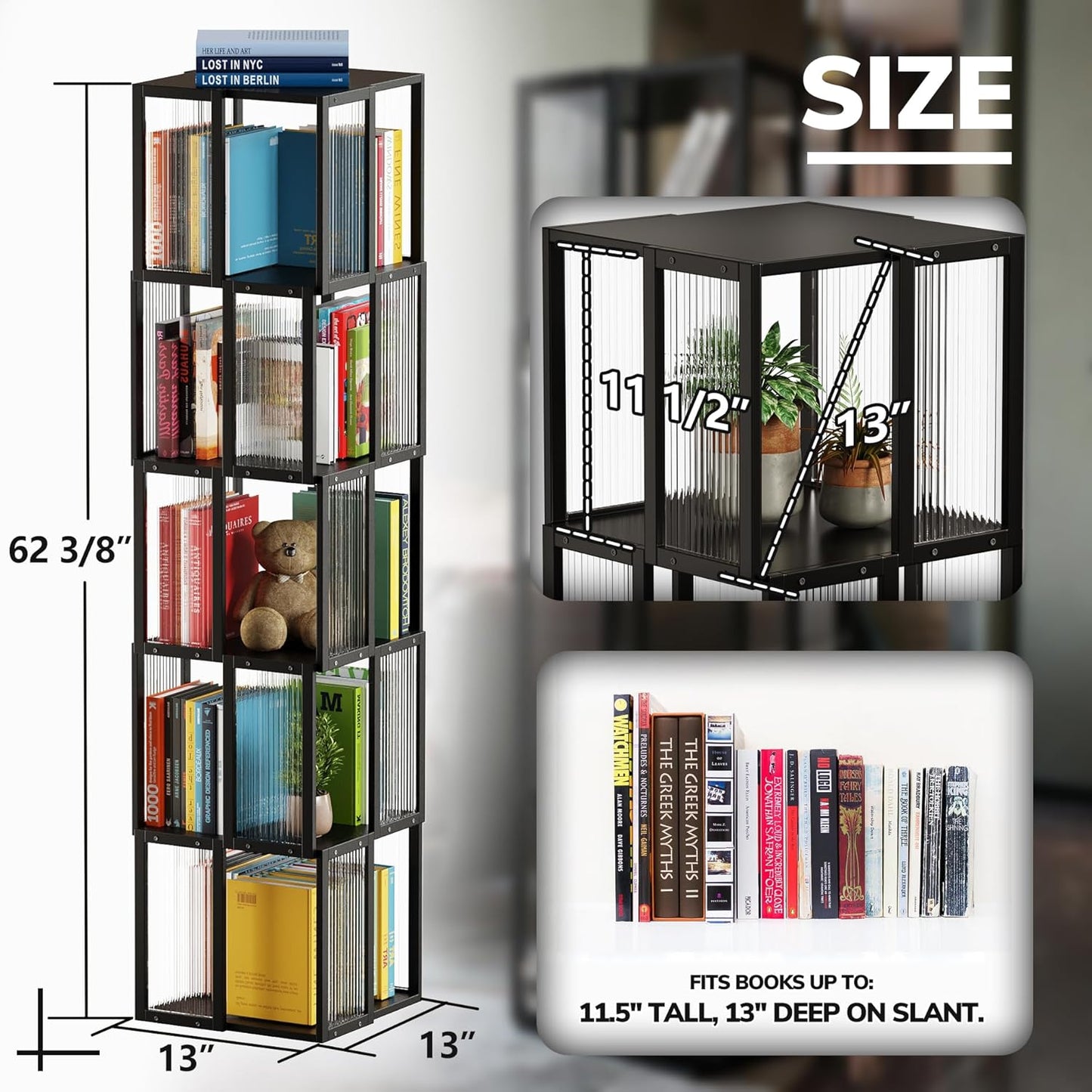 BAMEOS Solid Wood Rotating Bookshelf Tower 5 Tier，360°Storage Spinning Bookcase, Black Cube Corner Bookshelf for Office,Bedroom and Living Room