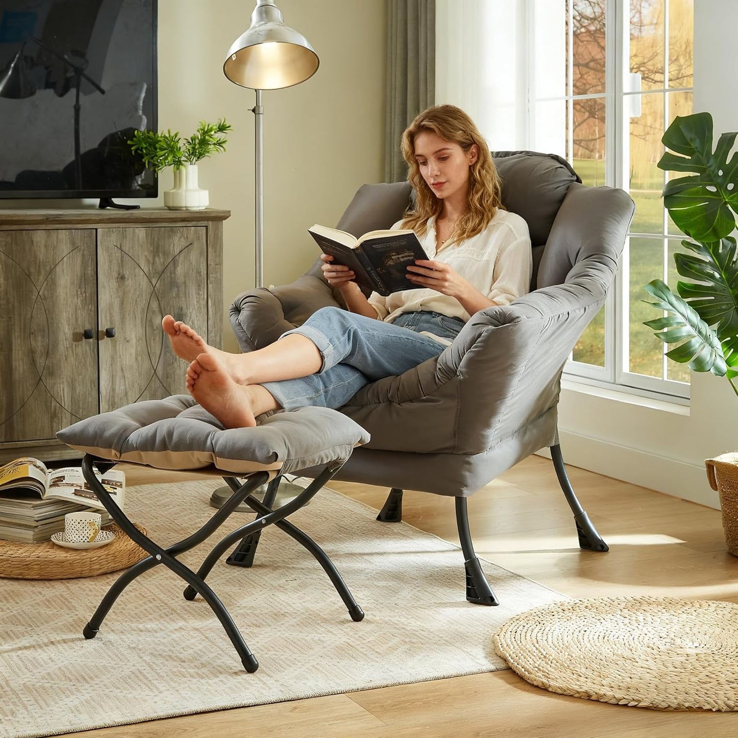 HollyHOME Lazy Chair with Foldable Ottoman, Accent Comfy Lounge Armchair and Folding Footrest Stool, Leisure Sofa Reading Chair and Footstool for Living Room, Bedroom, Dorm,Dark Grey