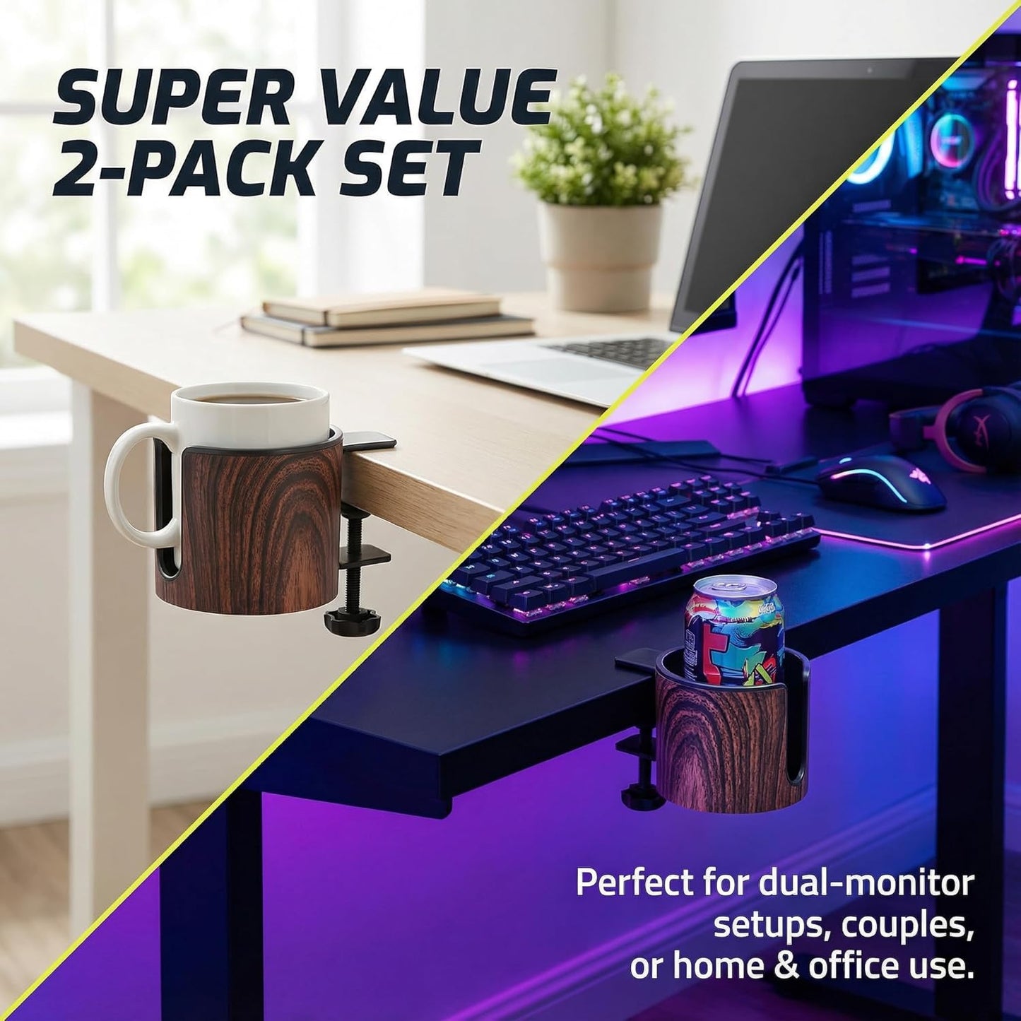 Luxury 2pcs Desk Cup Holder, Tool-Free Clamp On Desk Cup Holder, Fits 40oz Tumbler Holder & 0.2-2in Thick Desks, Anti-Spill for Office, Home, Gaming (2PCS Walnut Design)