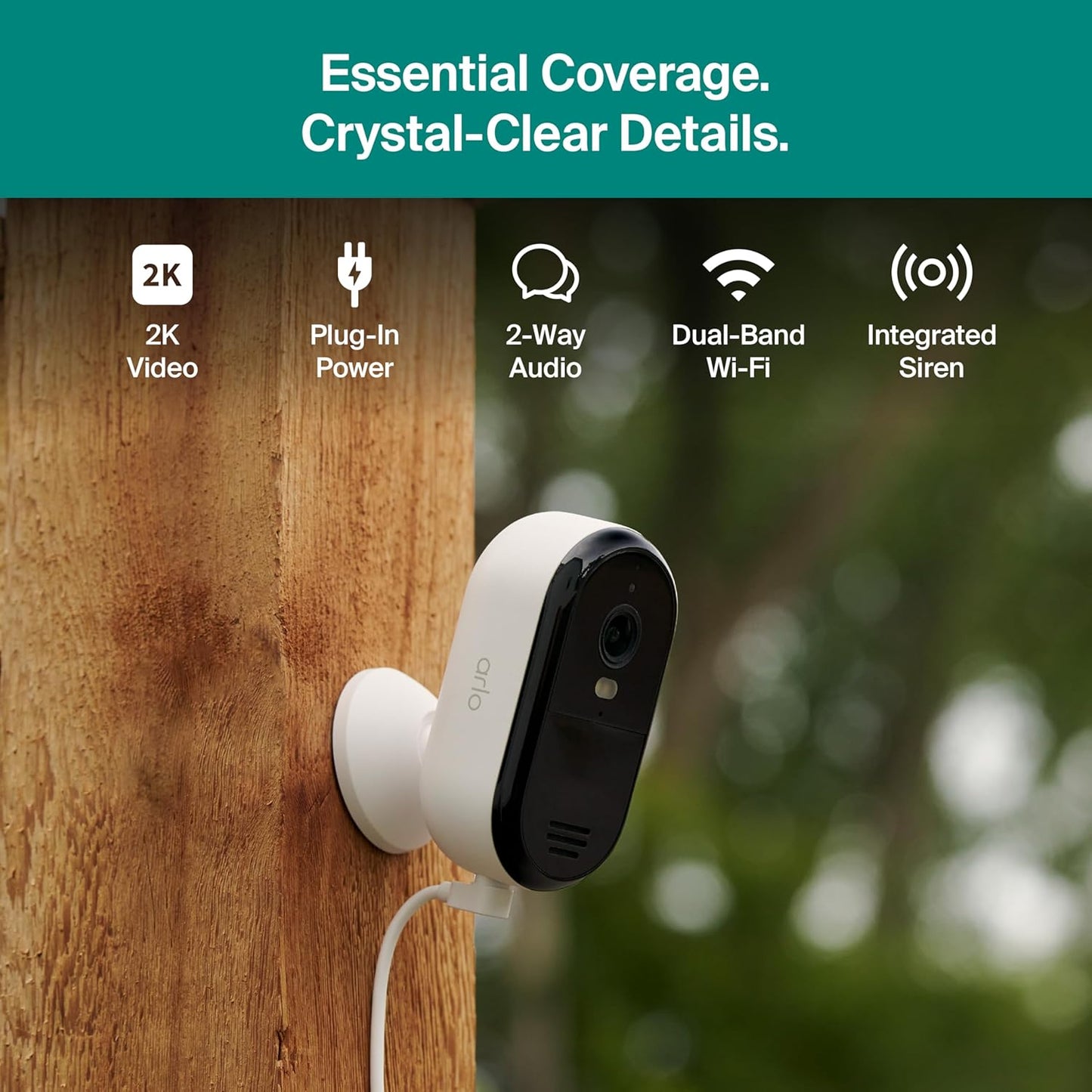 Arlo Essential Security Camera 2K (2025 Release) + 6 Months of Secure Plus Plan - Continuous Wired Plug-in Power Outdoor Camera, Person Recognition, Package Detection, Animated Preview, 1 Cam, White