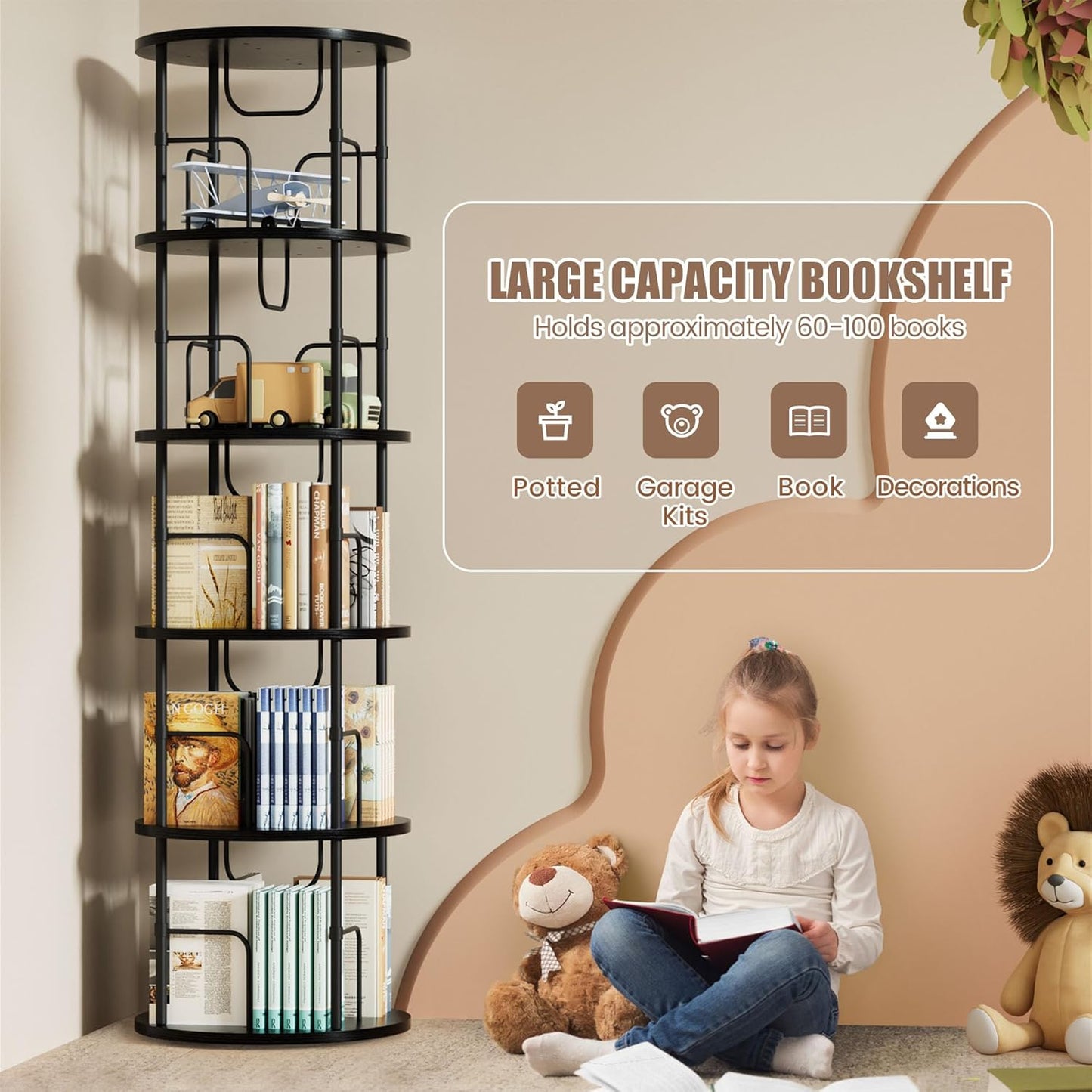 Flycity 5 Tier Rotating Bookshelf, 360° Corner Bookshelf Tower, Round Revolving Bookcase with Special Visible Partition Storage, Narrow Book Shelf Organizer for Living Room, Small Space, Black