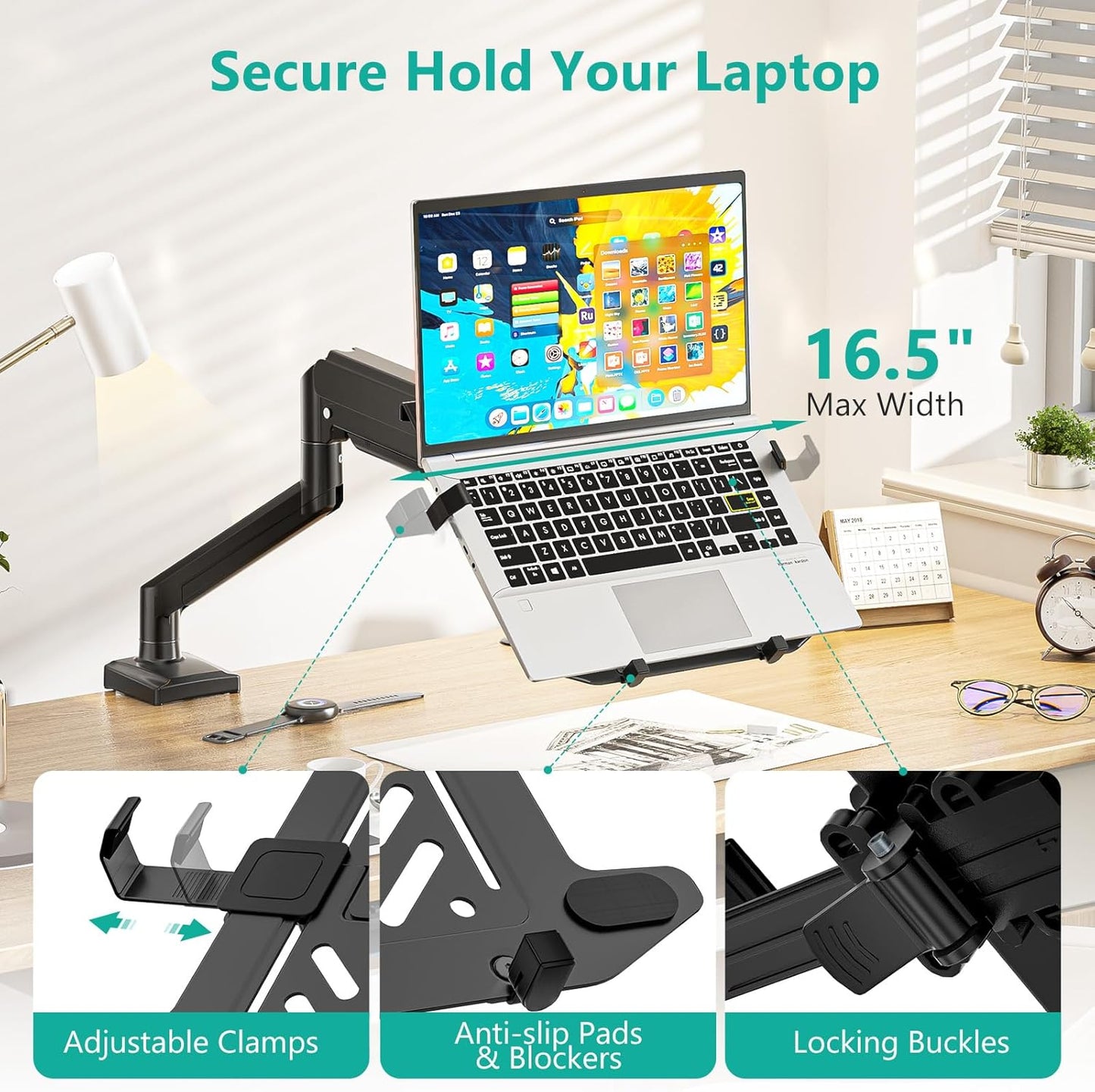 WALI Single Arm Laptop and Monitor Desk Mount for 17" Notebook and Single Screen, 2-in-1 Adjustable Gas Spring Monitor Arm with Laptop Tray, VESA 75x75 100x100,Holds 22-26.4 lbs, Black (GSMP001NLP)