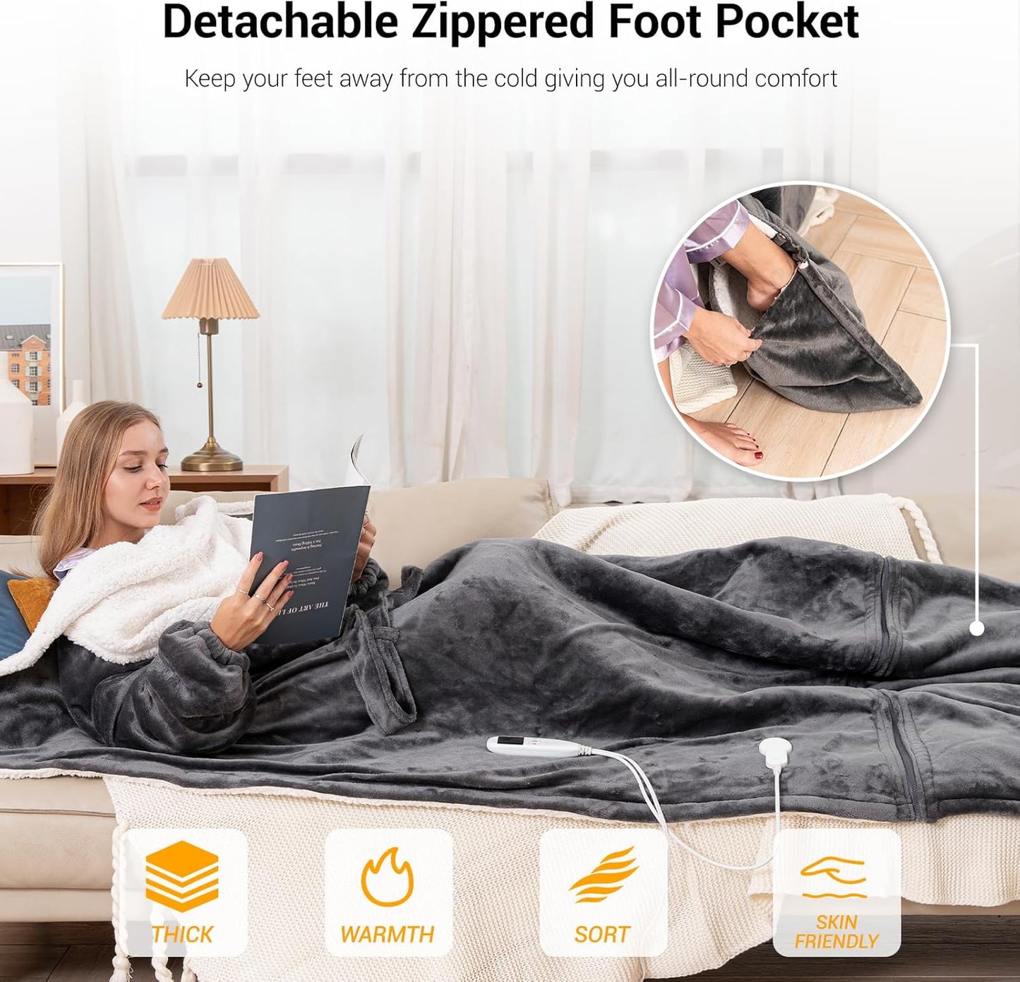 Wearable Heated Blanket for Women with Removable FootPocket,Electric Snuggle Heated Blankets Hoodie with Sleeves Heated Robe Flannel & Sherpa Heating Throw Blanket Shawl with 9 Temp for Winter 50"x80"