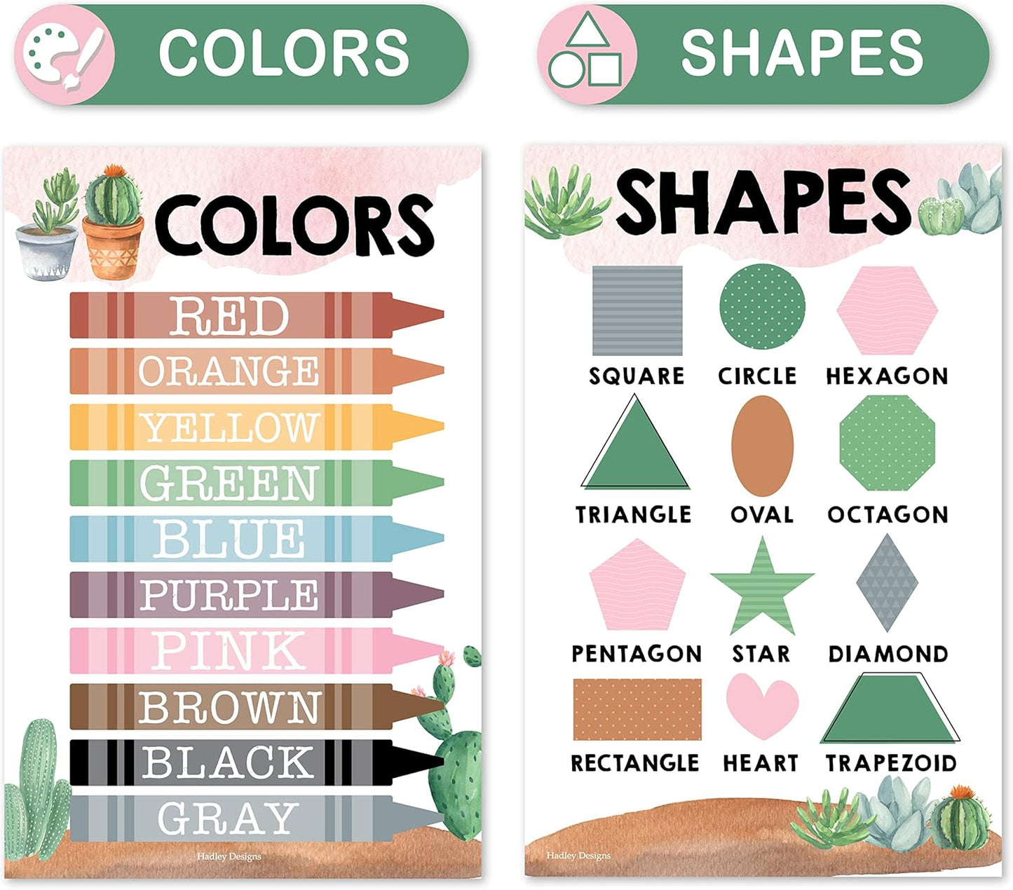 Hadley Designs ABC Posters For Classroom Wall - Shapes, 1-100 Number Chart, Color & Alphabet Learning Posters For Toddlers 1-3, PreK, Kindergarten & Homeschool, Laminated Cactus Classroom Poster