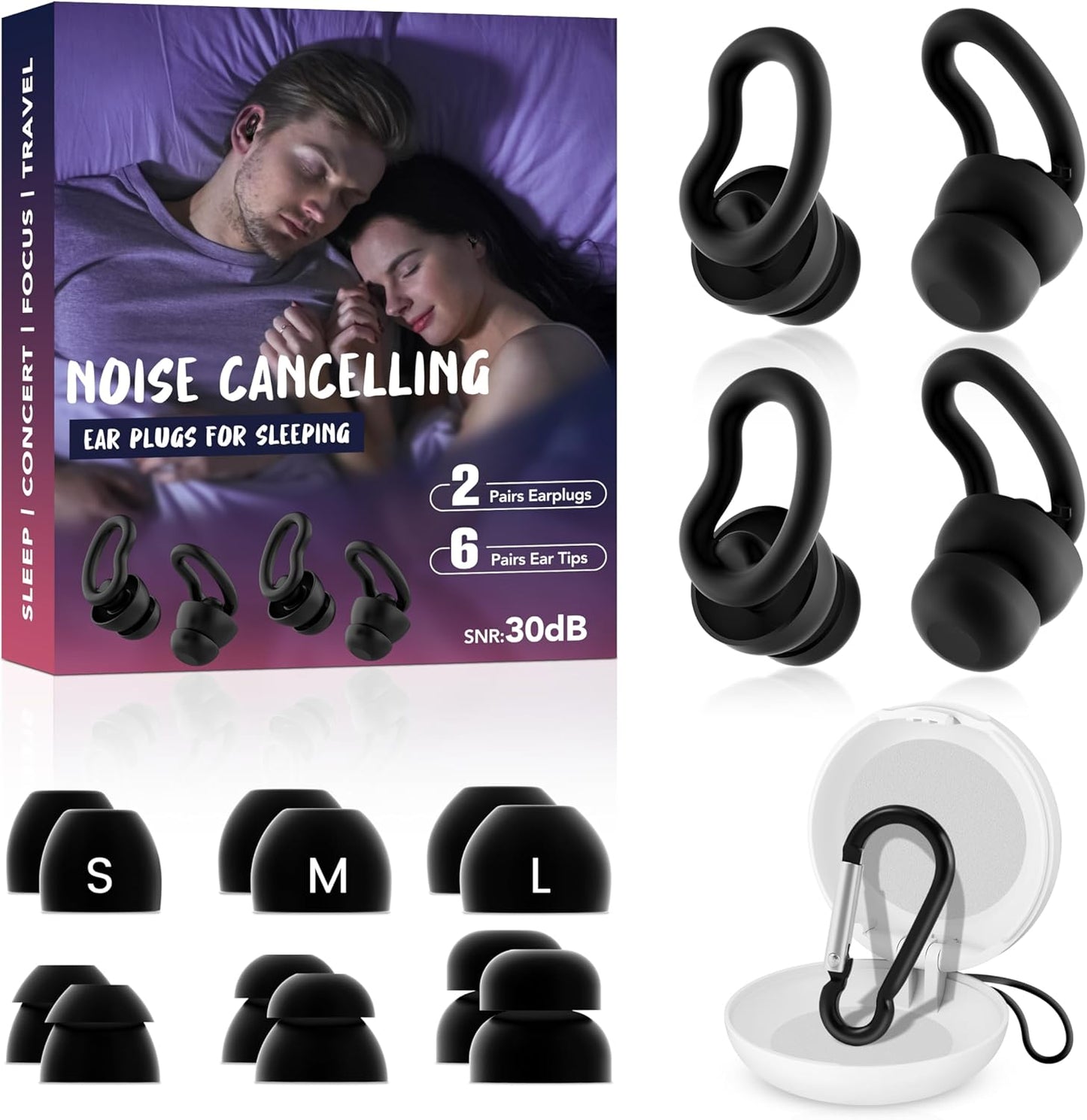 Noise Cancelling Ear Plugs for Sleeping - 2 Pairs Reusable Soft Silicone Noise Block Earplugs for Sound Proof, 30db Noise Reduction Earplug for Sleep, Snoring Blocking, Concert (Black)