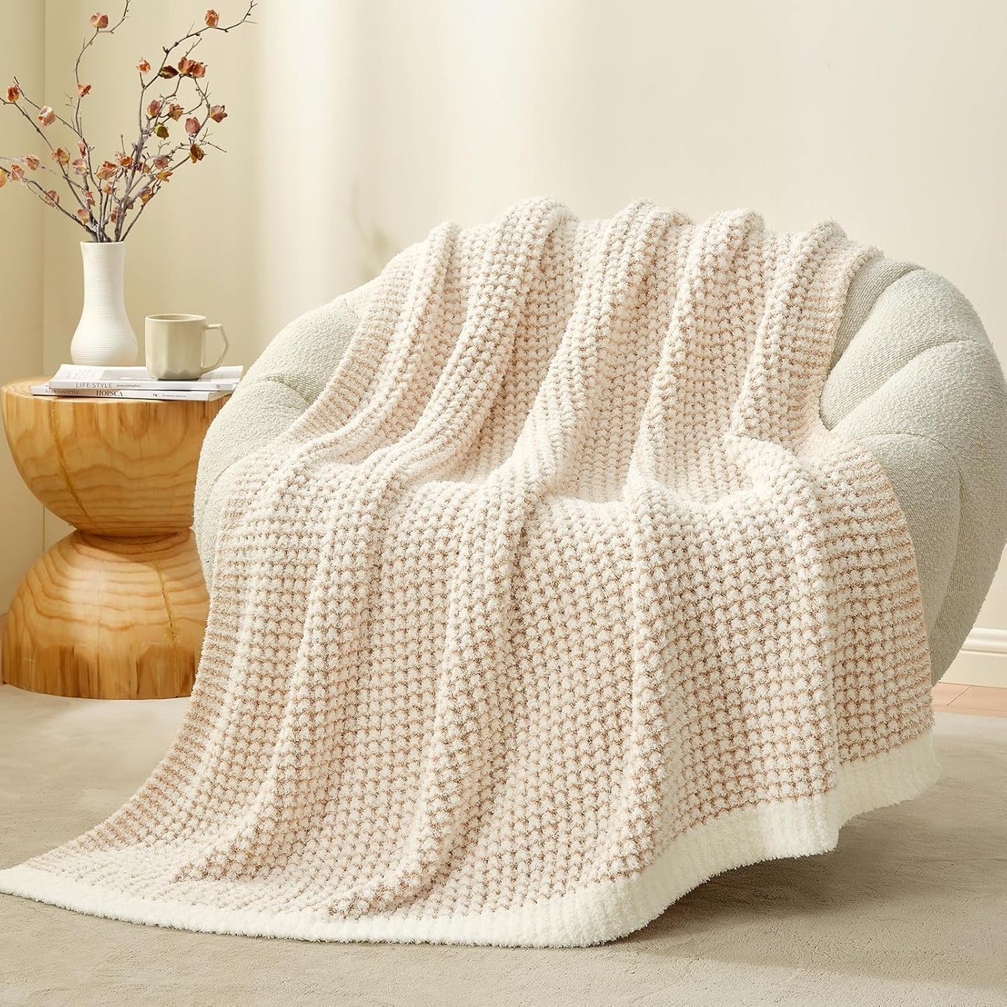 Snuggle Sac Cream Waffle Throw Blanket for Couch Bed Sofa 50x60 inches, Reversible Beige Blanket Microfiber Fluffy Fuzzy Cozy Knit Soft Throws for Women Mothers Birthday Gifts