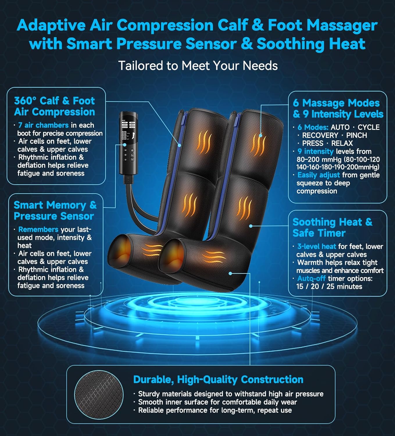 Leg Massager with Heat, Foot and Calf Air Compression Massager with 6 Modes & 9 Intensities, 3-Level Heating, LED Display, Timer, Zipper Design, Home Relaxation for Tired Feet & Calves, Charcoal Black