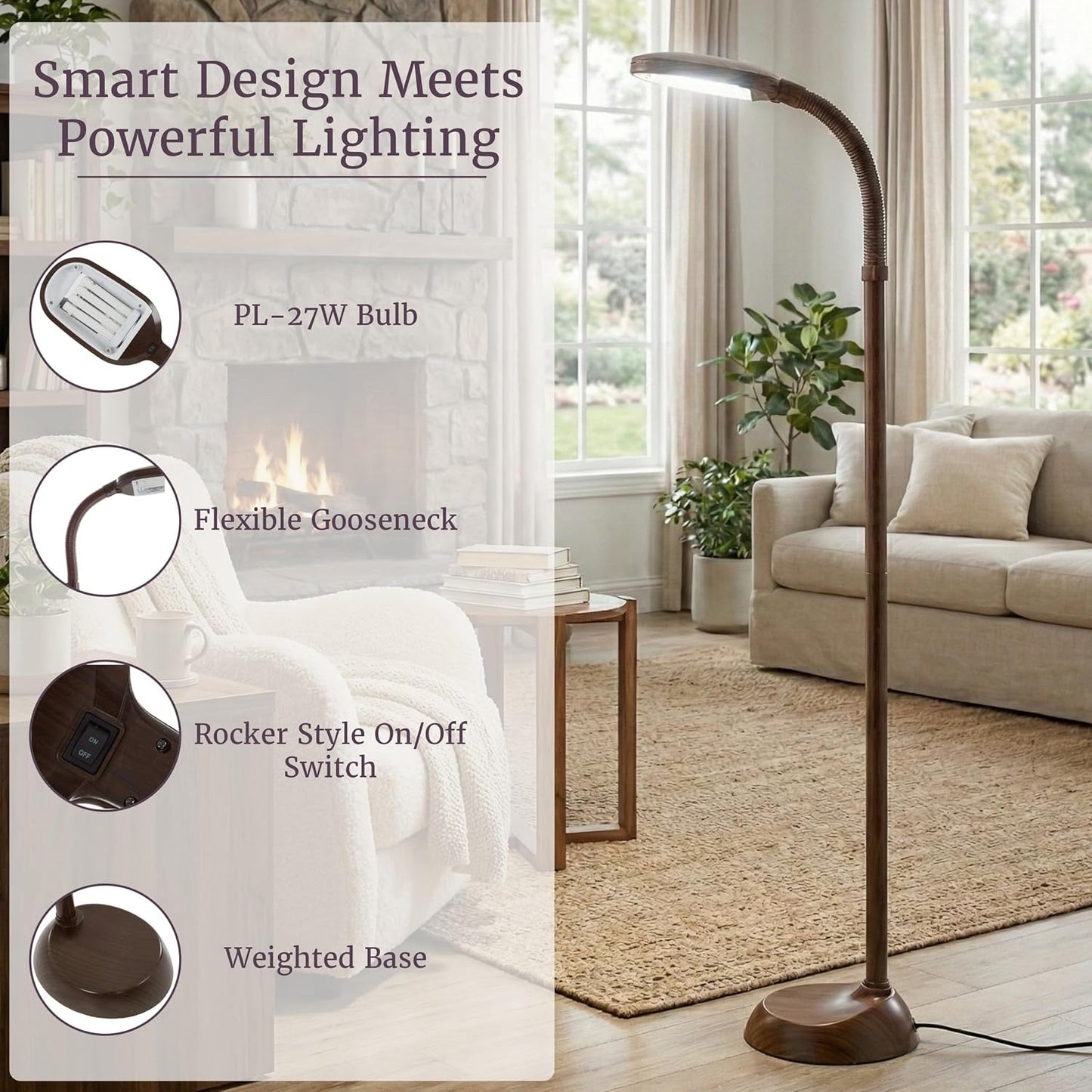 Lavish Home Adjustable Floor Lamp - Full Spectrum Natural Sunlight Lamp and Bendable Neck - Reading, Crafting, Esthetician Floor Light (Woodgrain)
