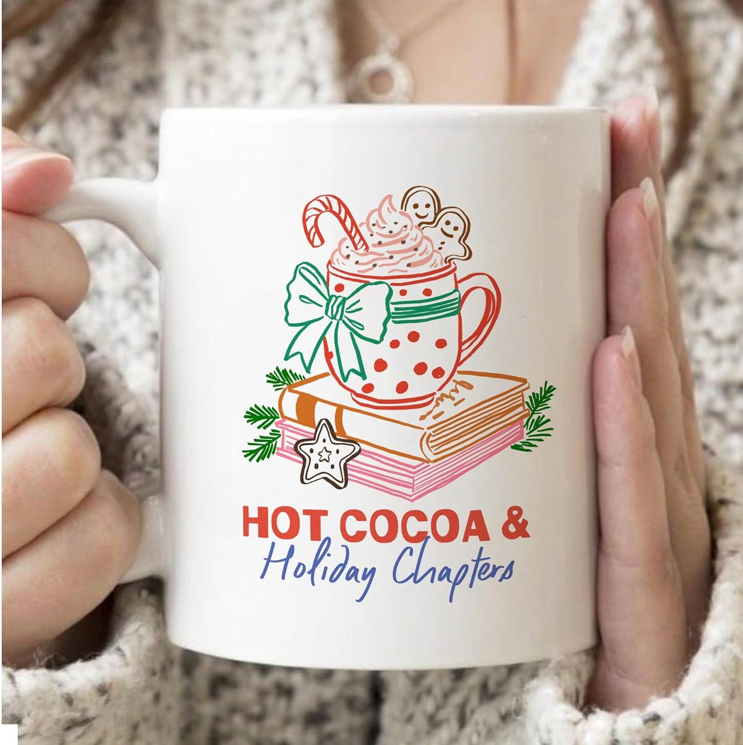 Christmas Hot Cocoa & Holiday Chapters White Mugs, 11oz 15oz Drinking Cups, Kitchen Décor, Gifts For Book Lovers