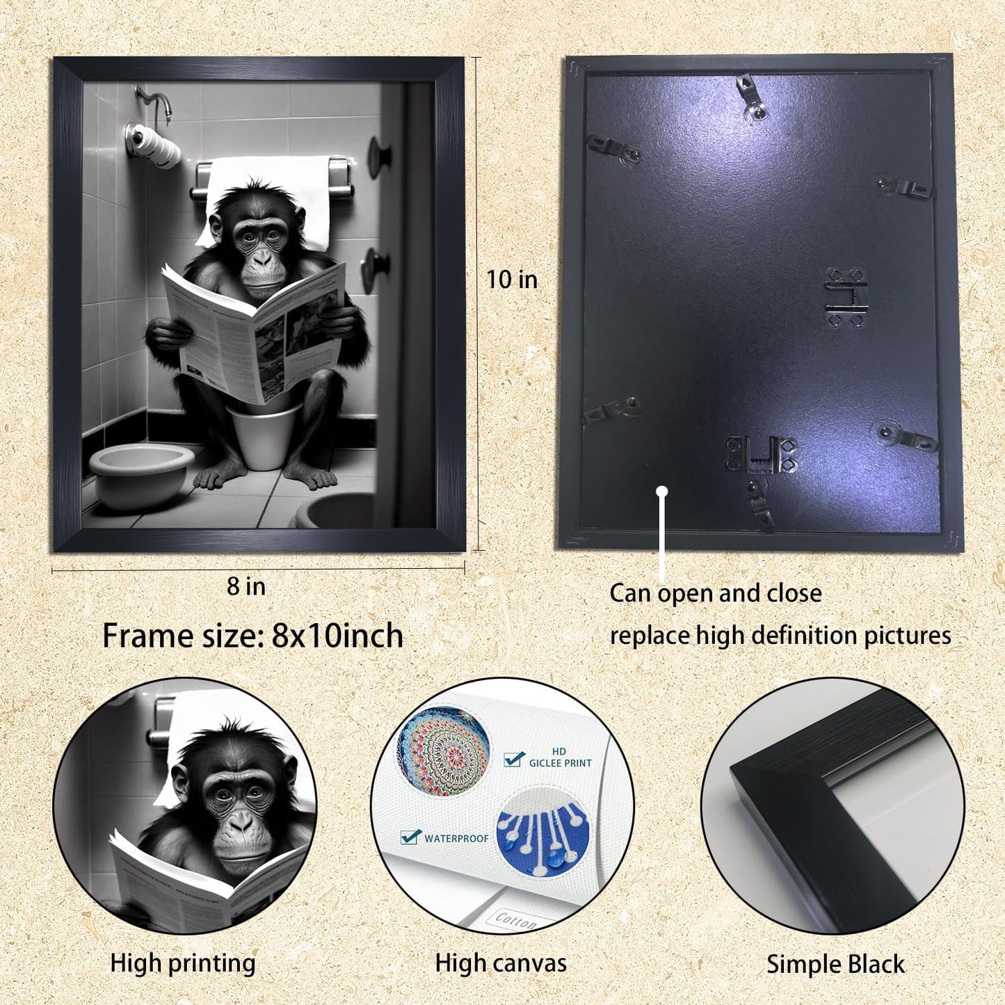 Medpol Funny Gorilla Bathroom black DKIOd wall art Cute Monkey In Toilet Reading Newspaper Poster Black and White Animal Prints Aesthetic Bathroom DKIO 08x10in Wall Decor